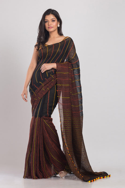 Black Handwoven Linen Saree