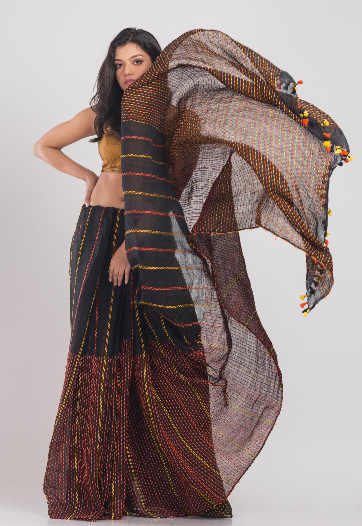 Black Handwoven Linen Saree