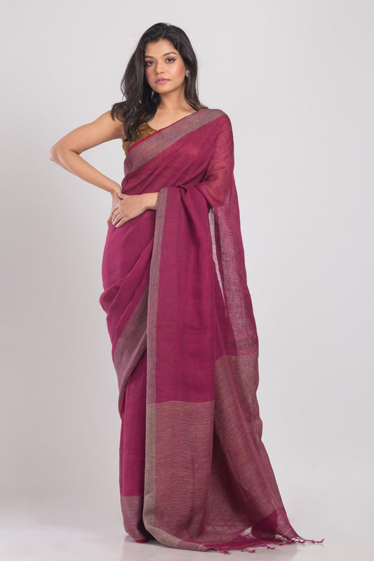 Rose Maroon Handwoven Linen Saree