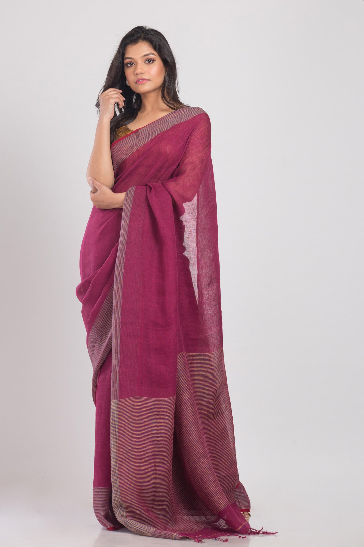 Rose Maroon Handwoven Linen Saree