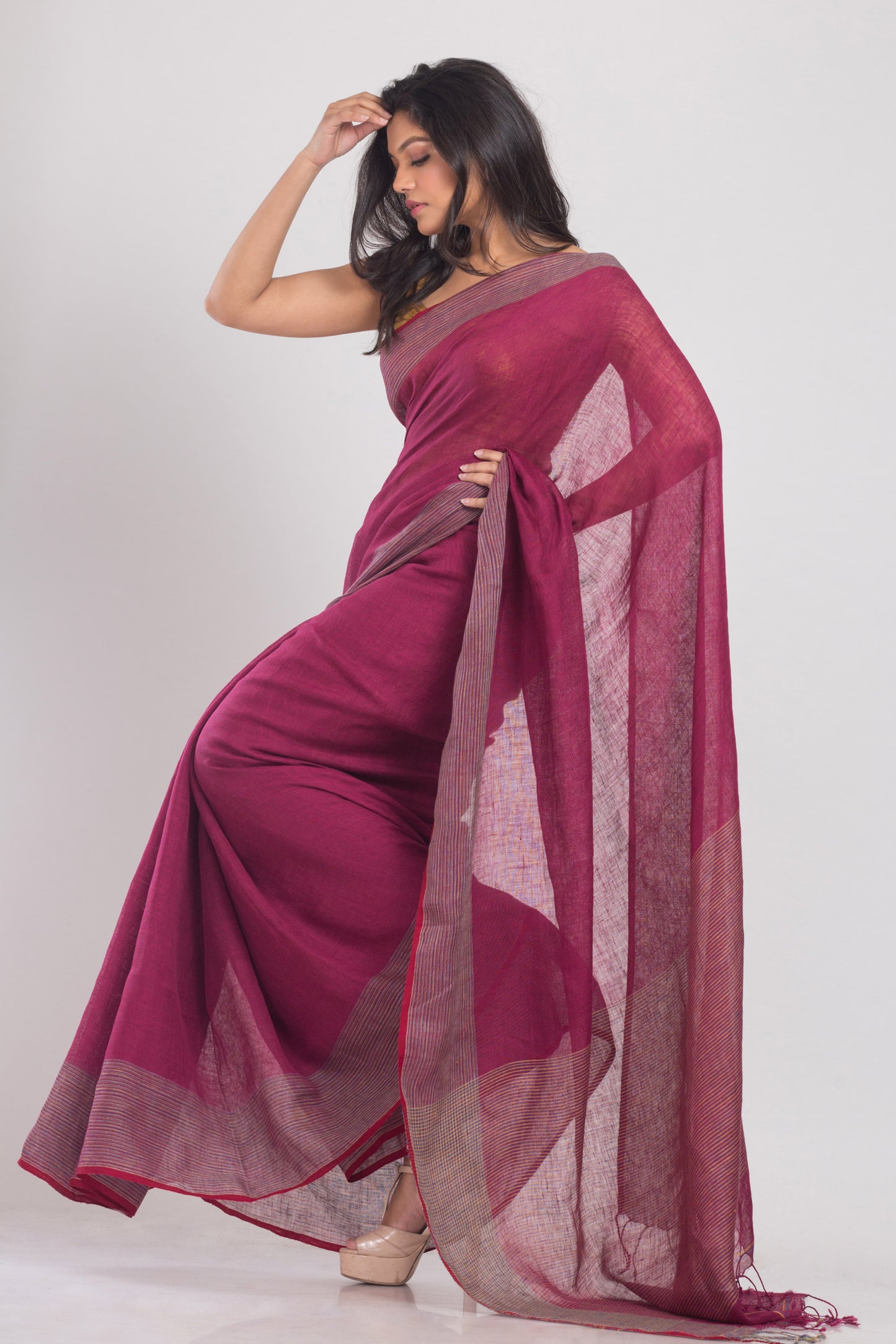 Rose Maroon Handwoven Linen Saree