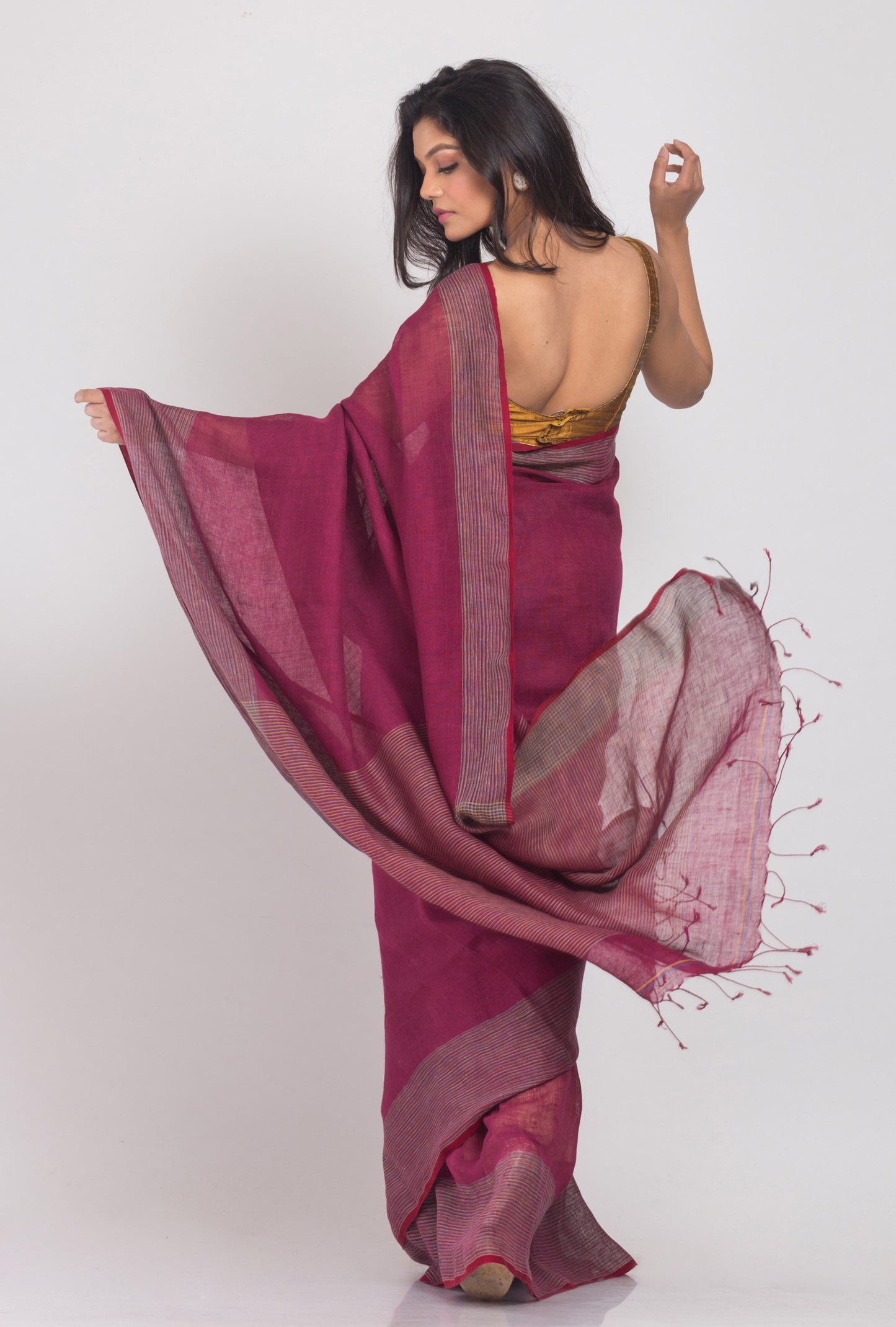 Rose Maroon Handwoven Linen Saree