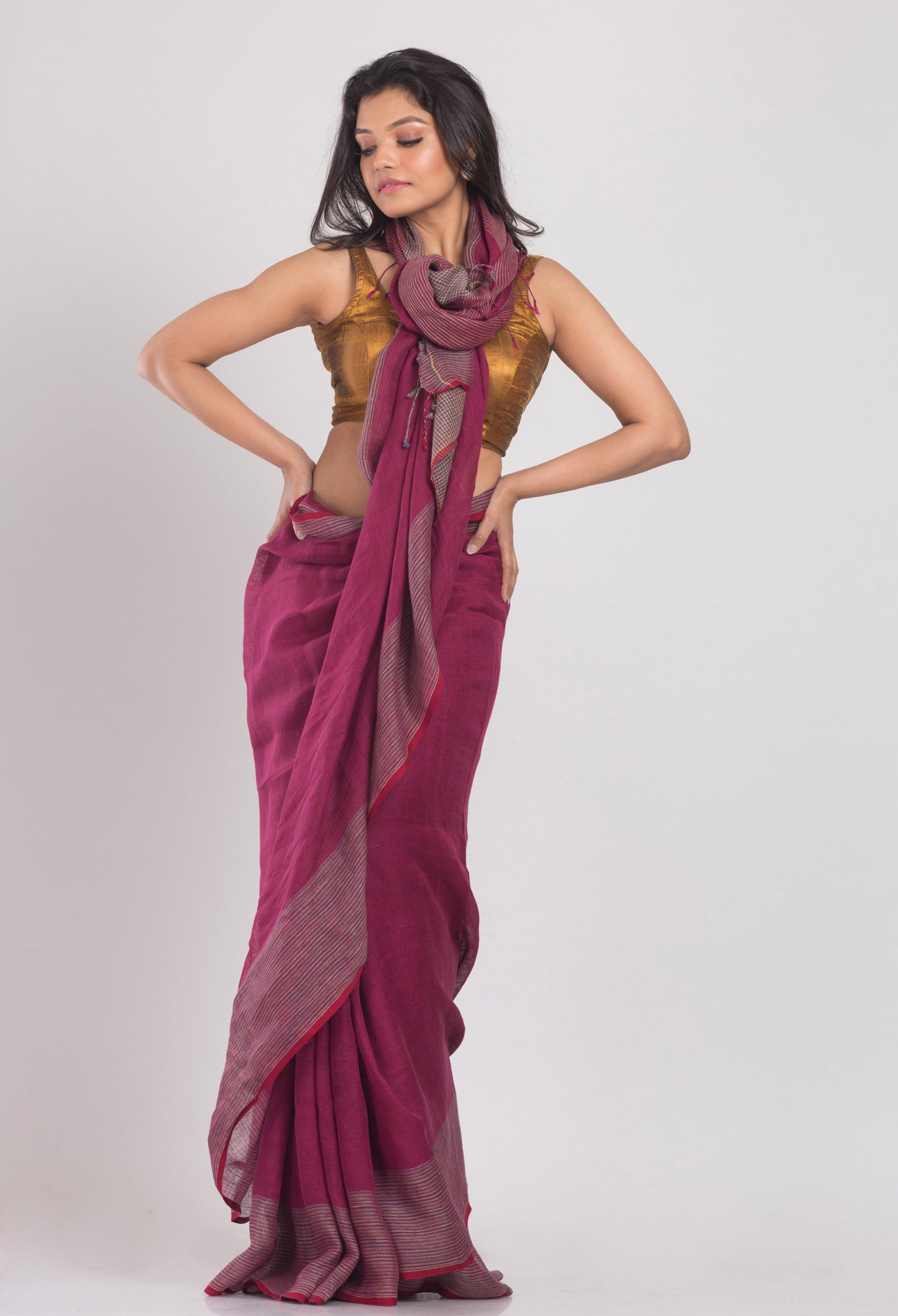 Rose Maroon Handwoven Linen Saree