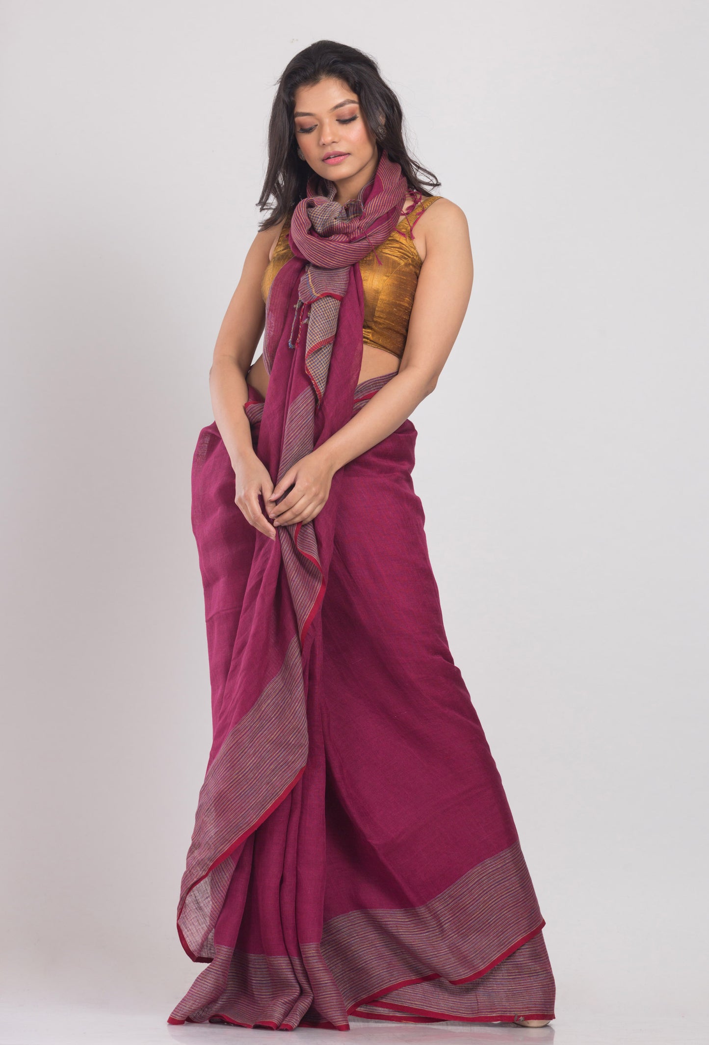 Rose Maroon Handwoven Linen Saree