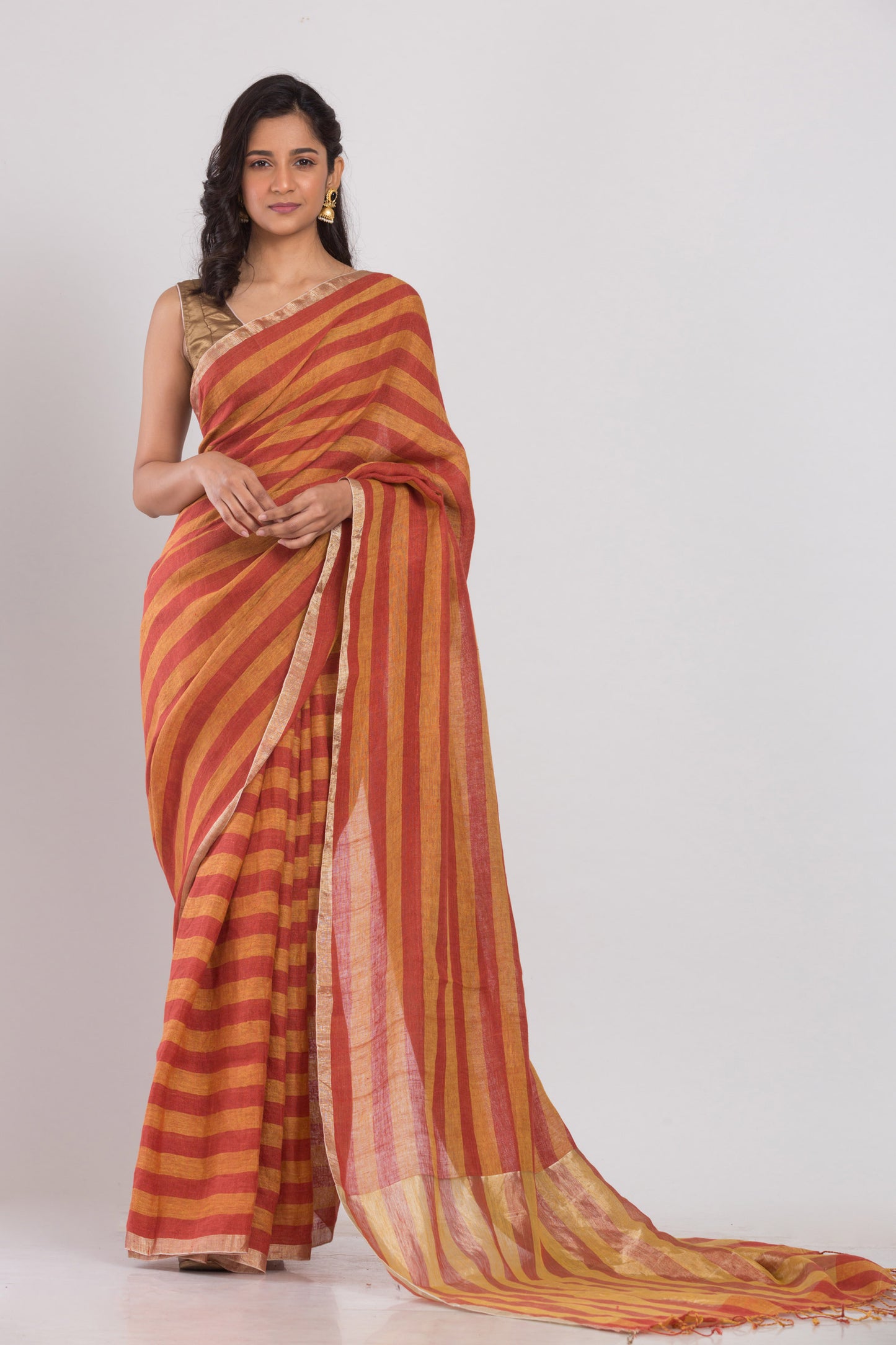 Orange and red stripes handwoven linen saree