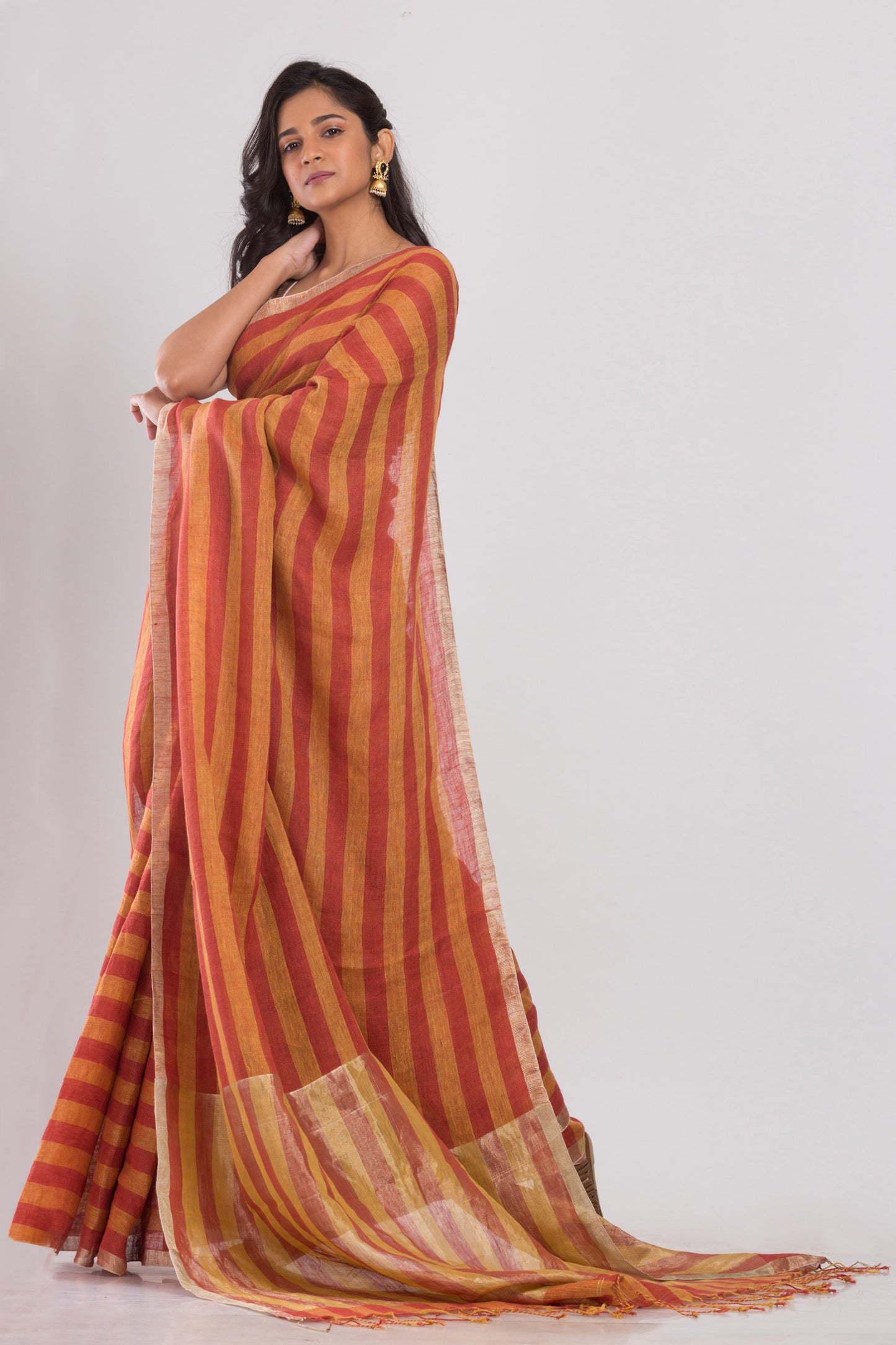 Orange and red stripes handwoven linen saree