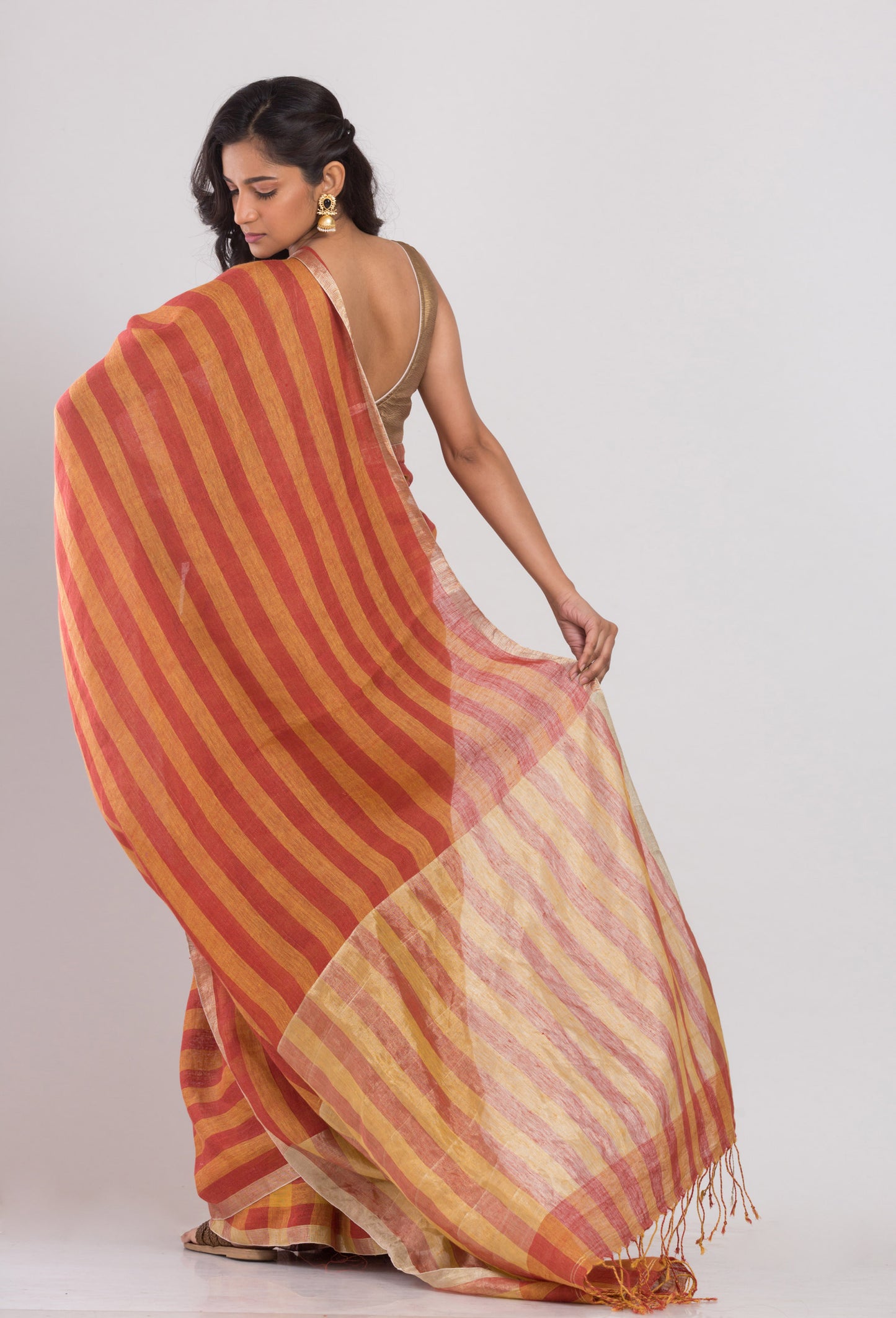 Orange and red stripes handwoven linen saree