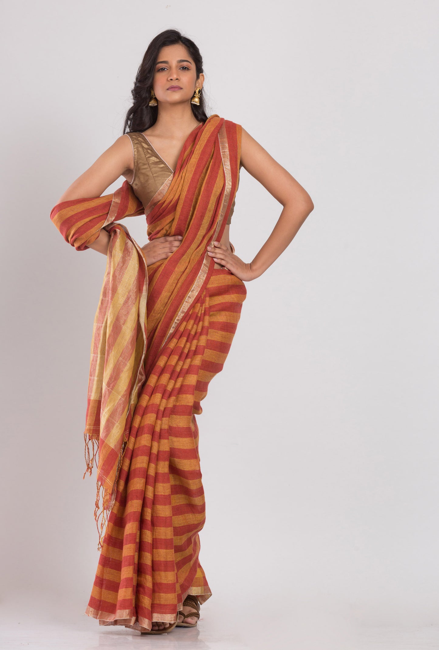 Orange and red stripes handwoven linen saree