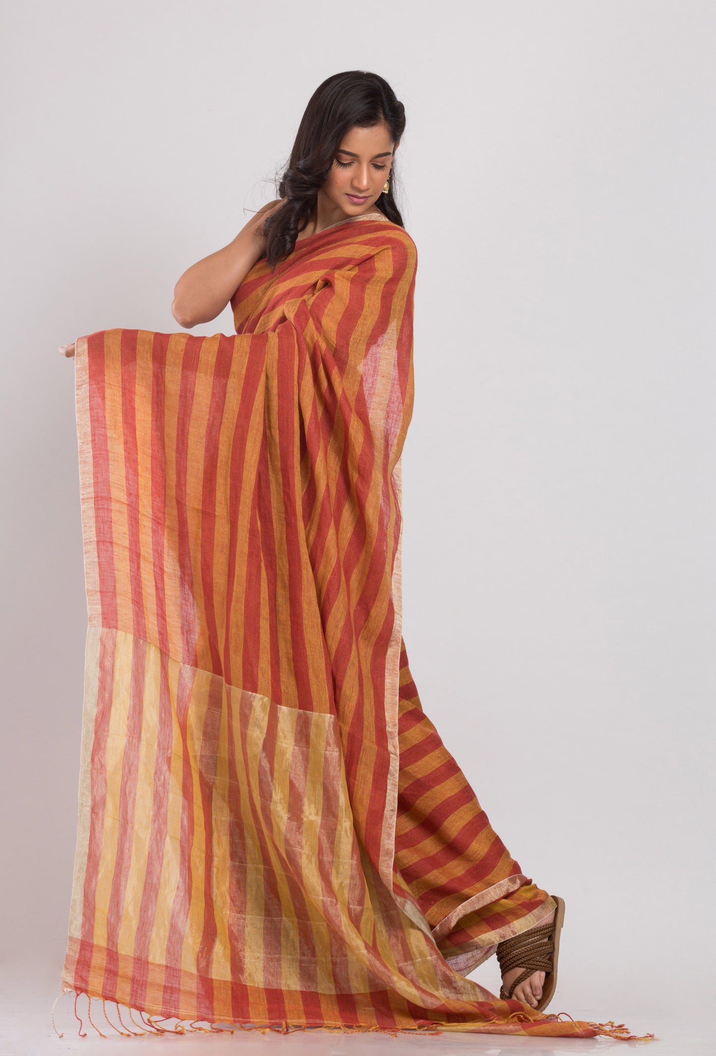 Orange and red stripes handwoven linen saree