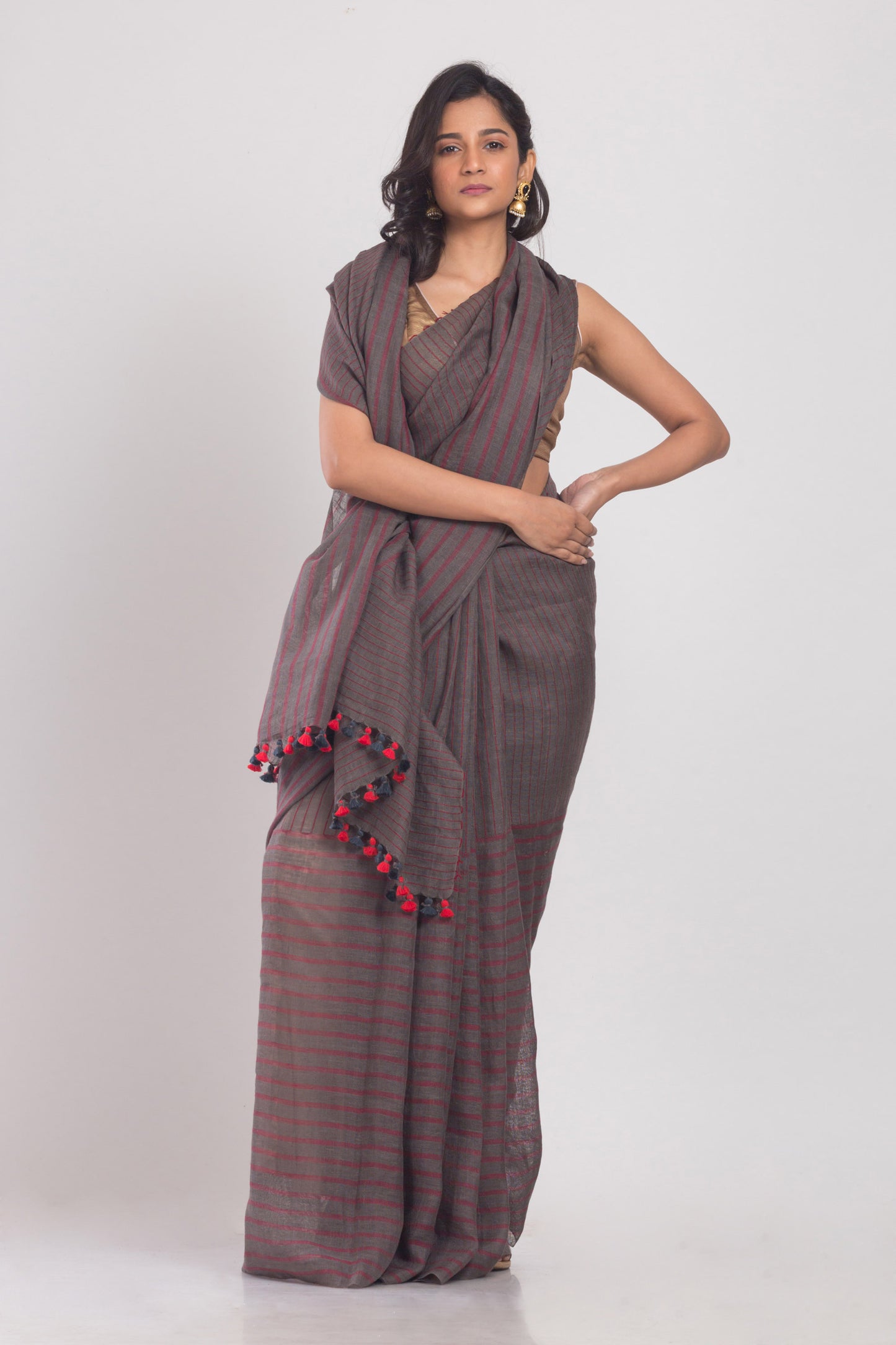 Grey Handwoven Linen Saree