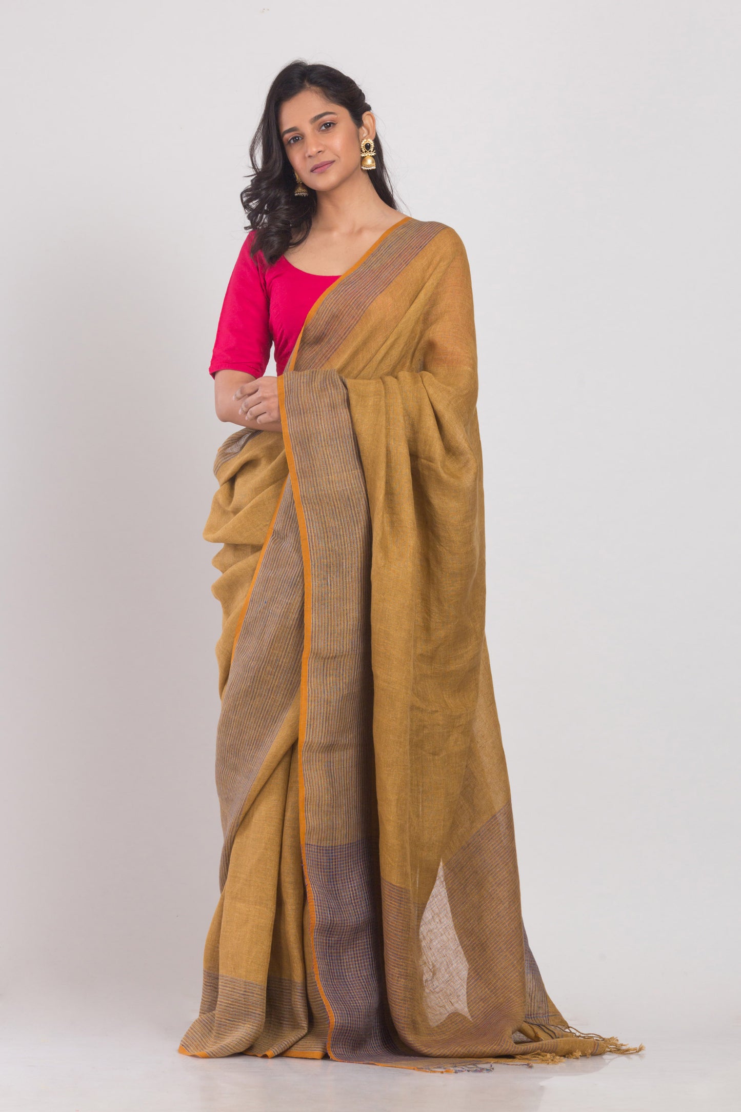 Mustard Brown Handwoven Linen Saree