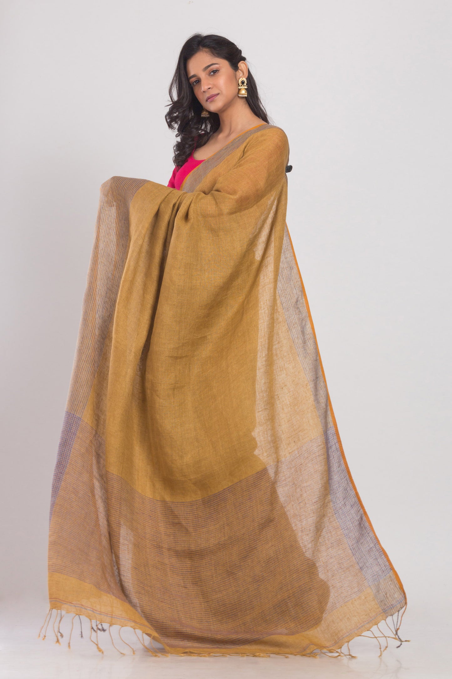 Mustard Brown Handwoven Linen Saree