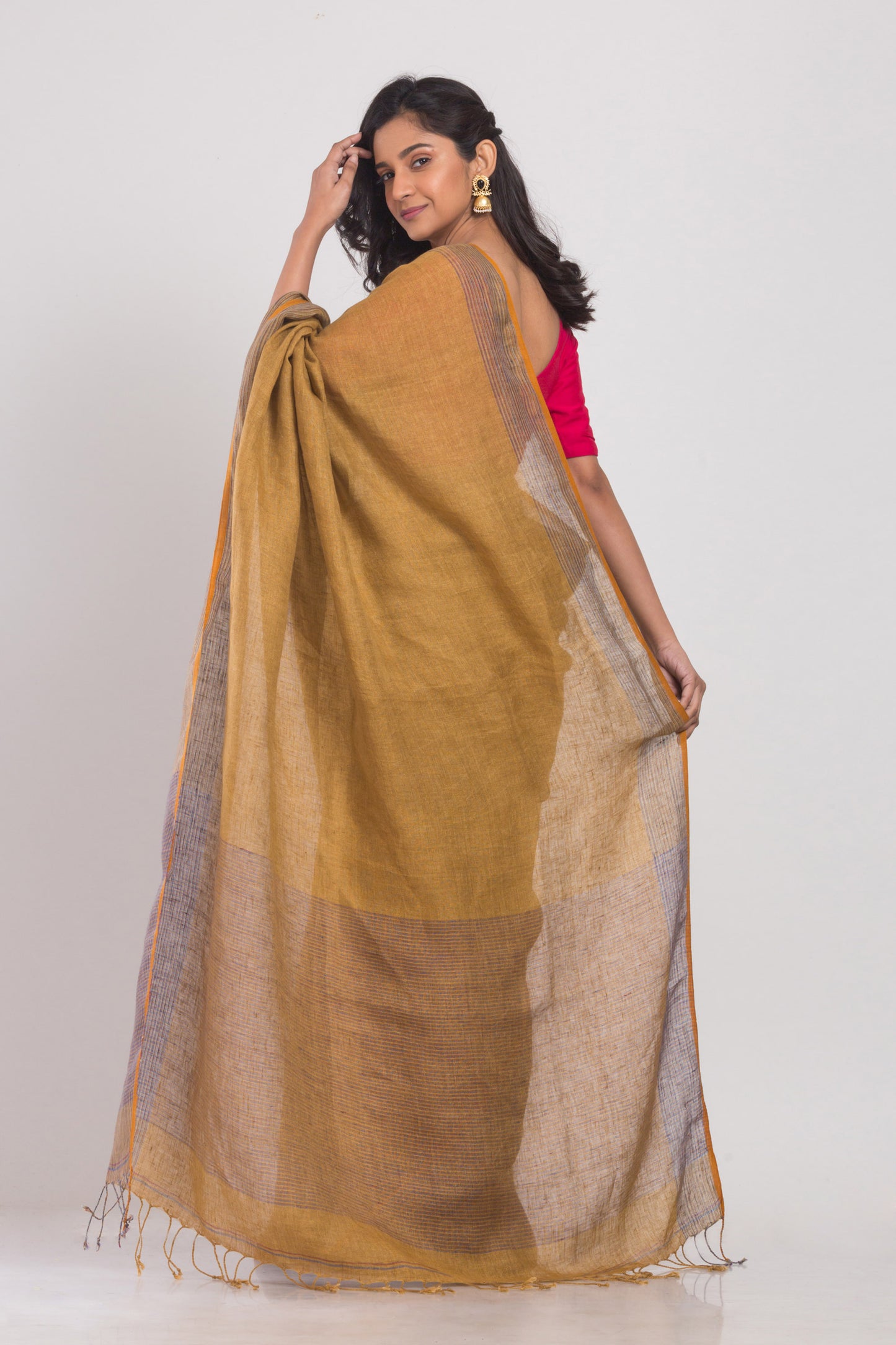 Mustard Brown Handwoven Linen Saree