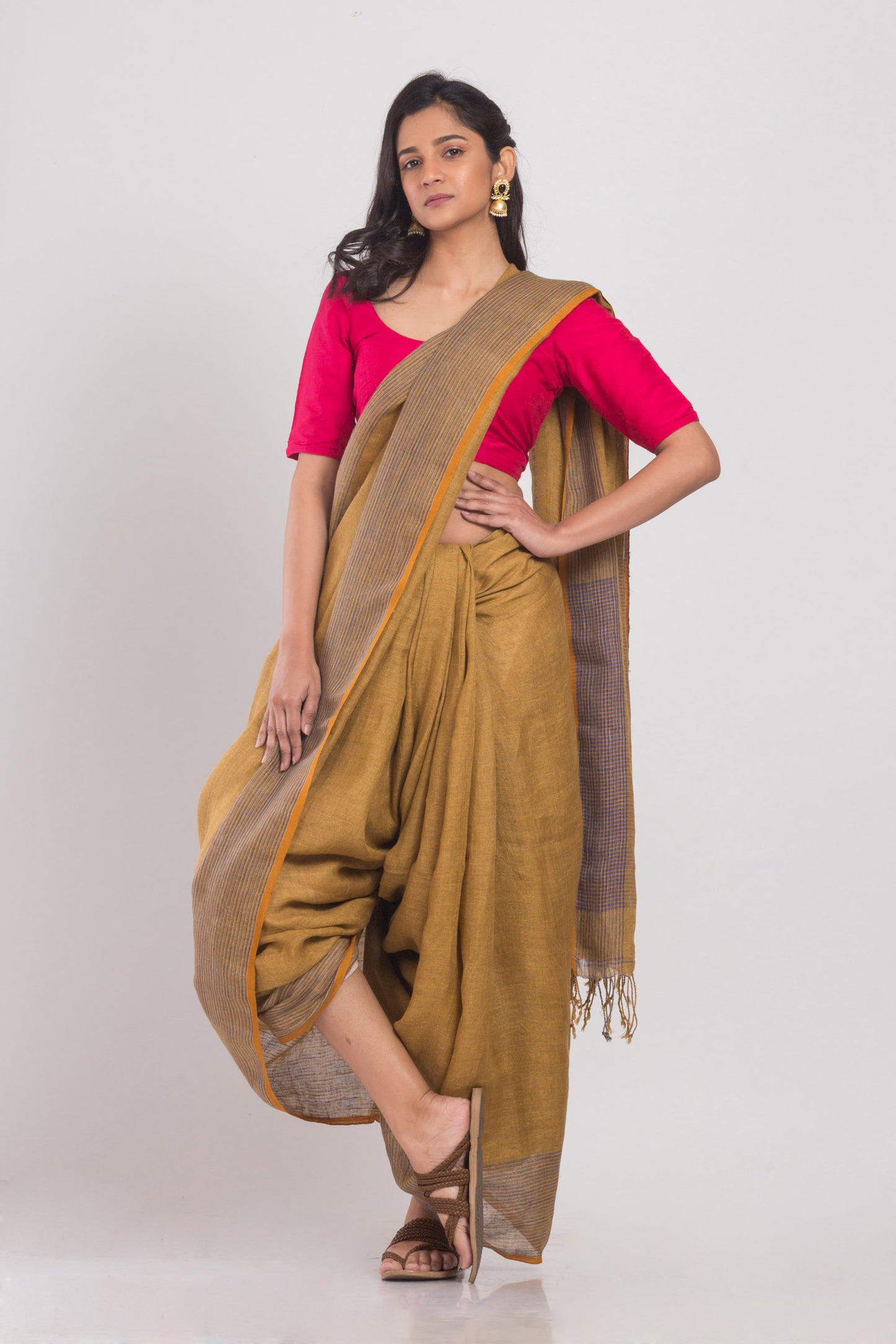 Mustard Brown Handwoven Linen Saree