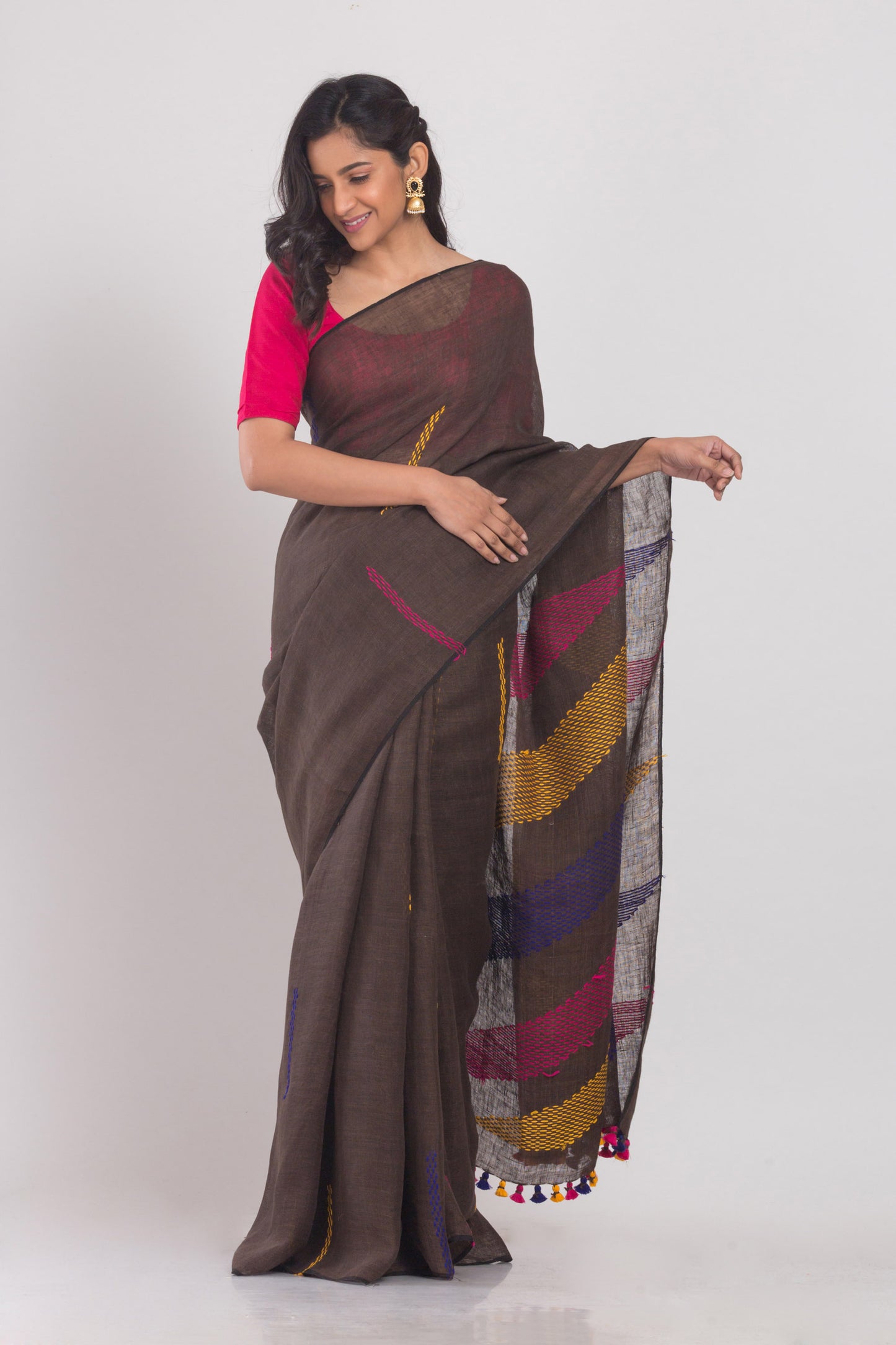 Dark Brown Handwoven Linen Saree