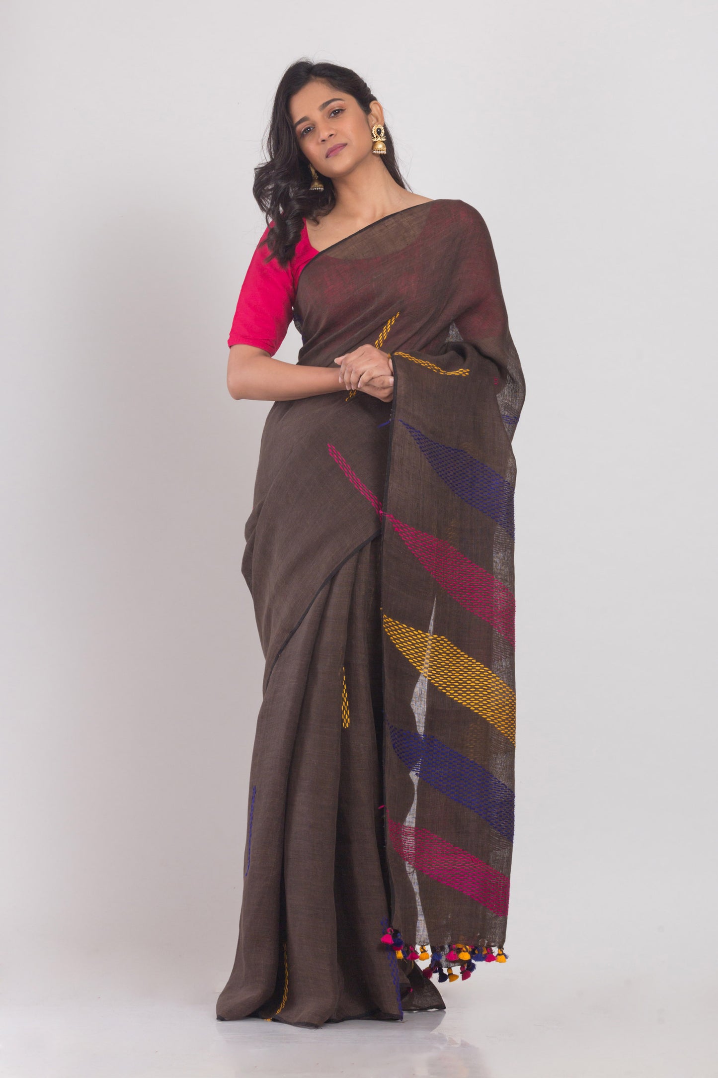 Dark Brown Handwoven Linen Saree