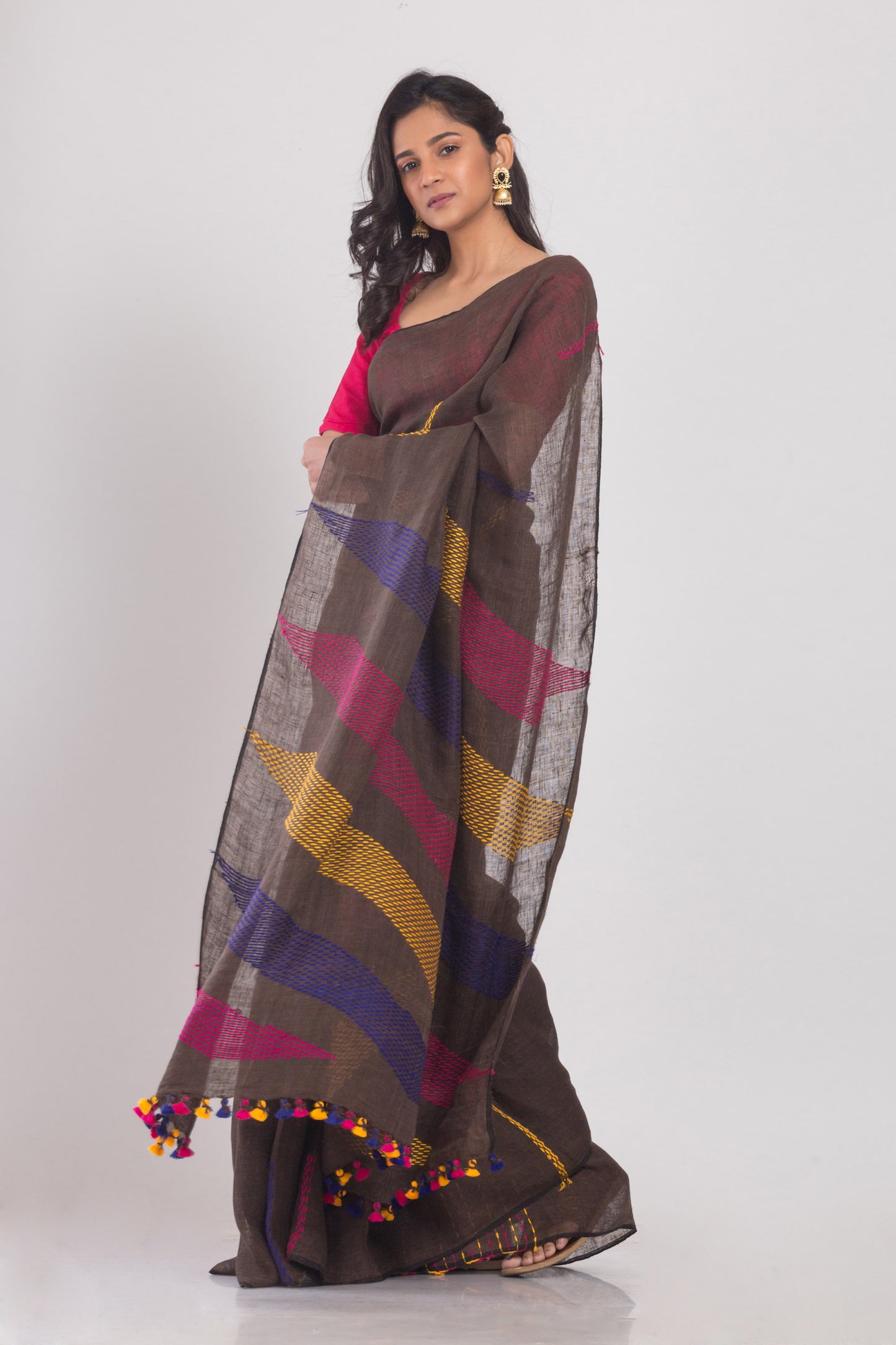 Dark Brown Handwoven Linen Saree