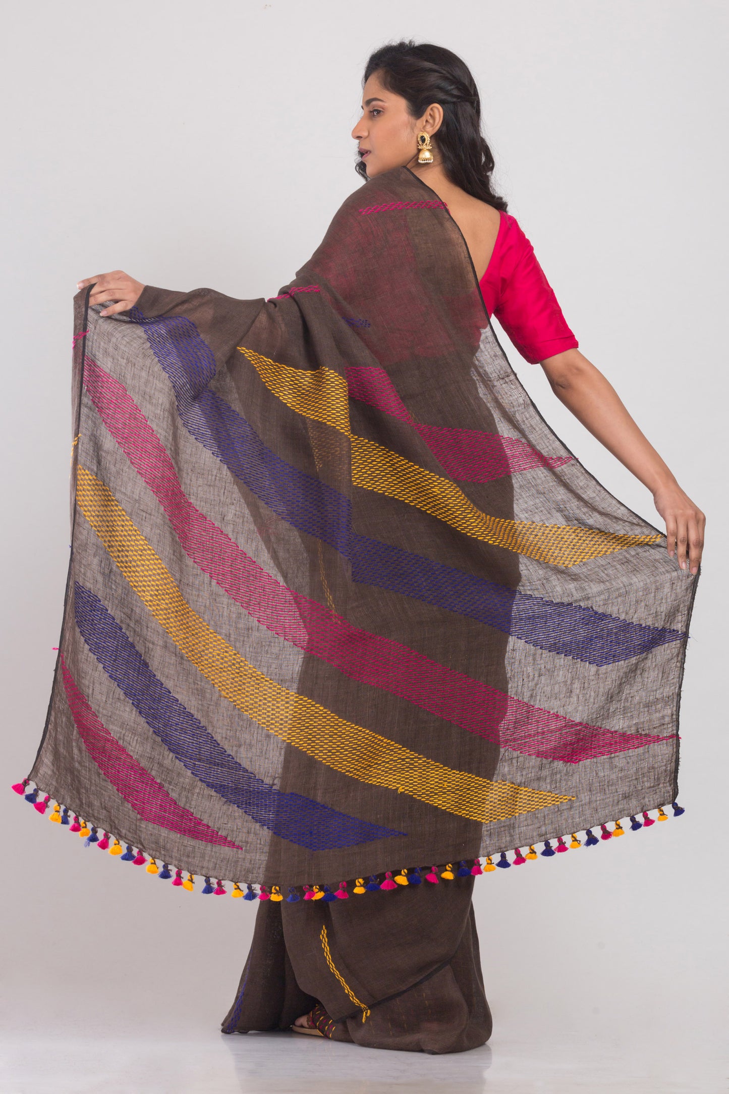 Dark Brown Handwoven Linen Saree