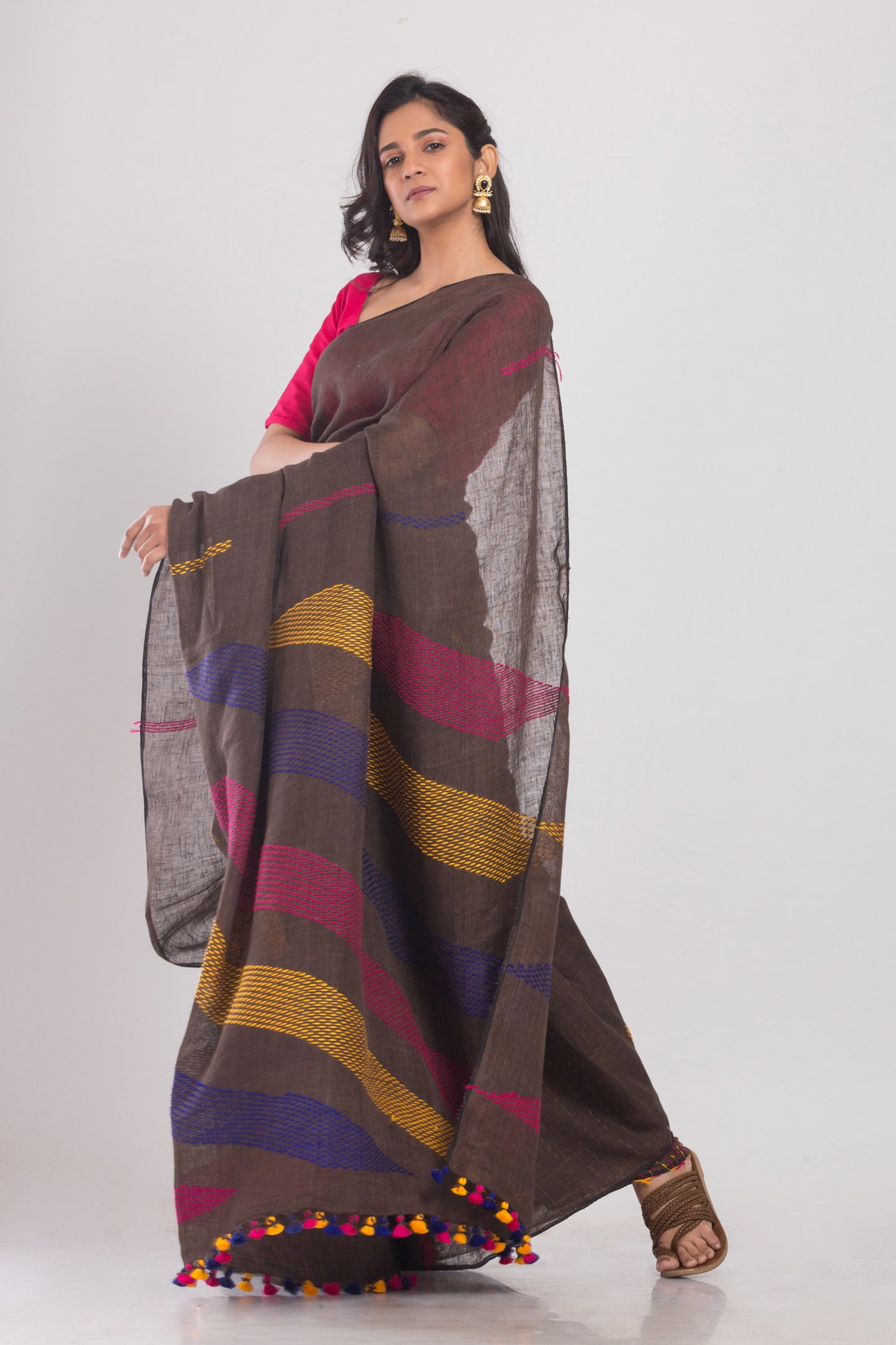 Dark Brown Handwoven Linen Saree