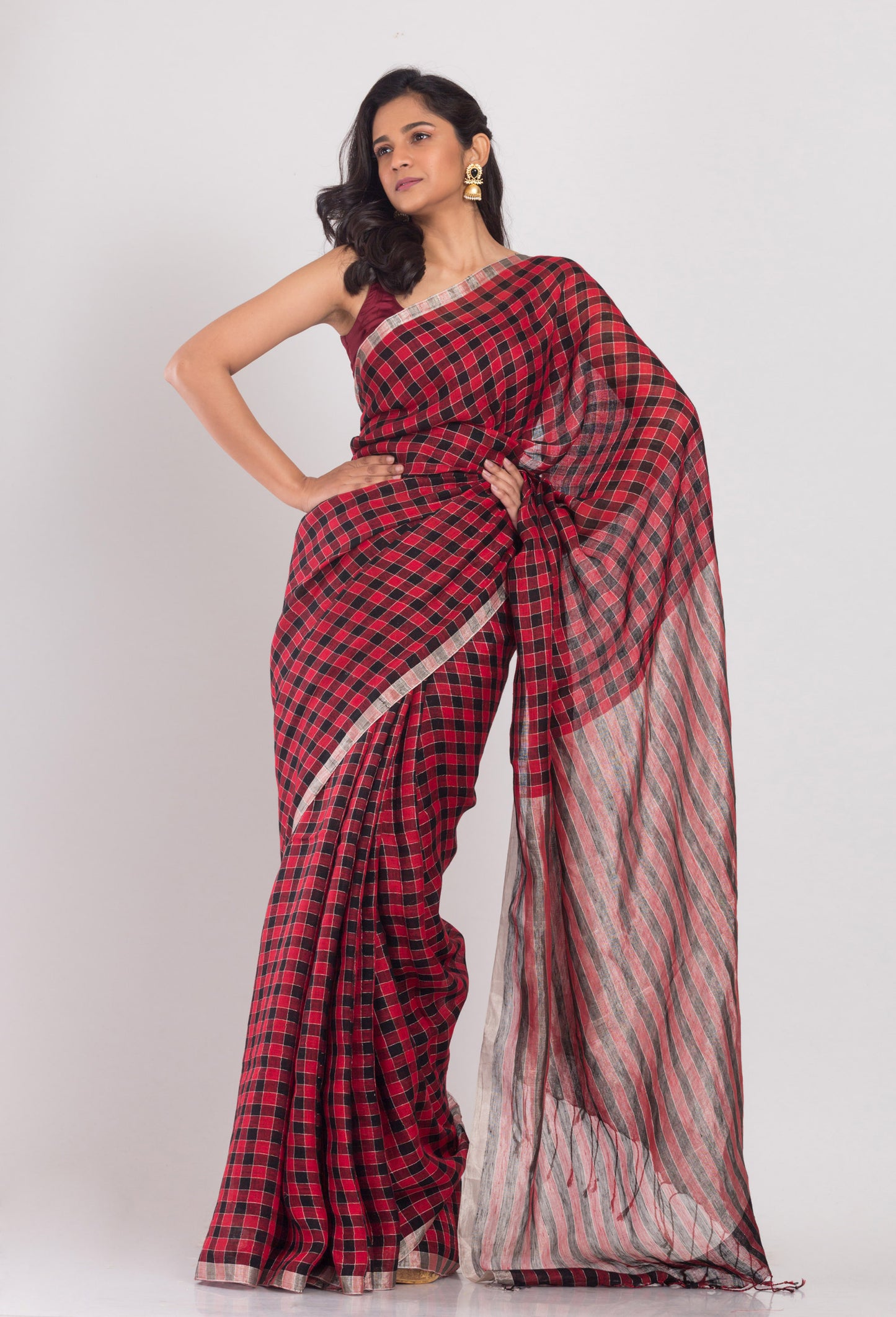 Red Black Stripes Linen Saree