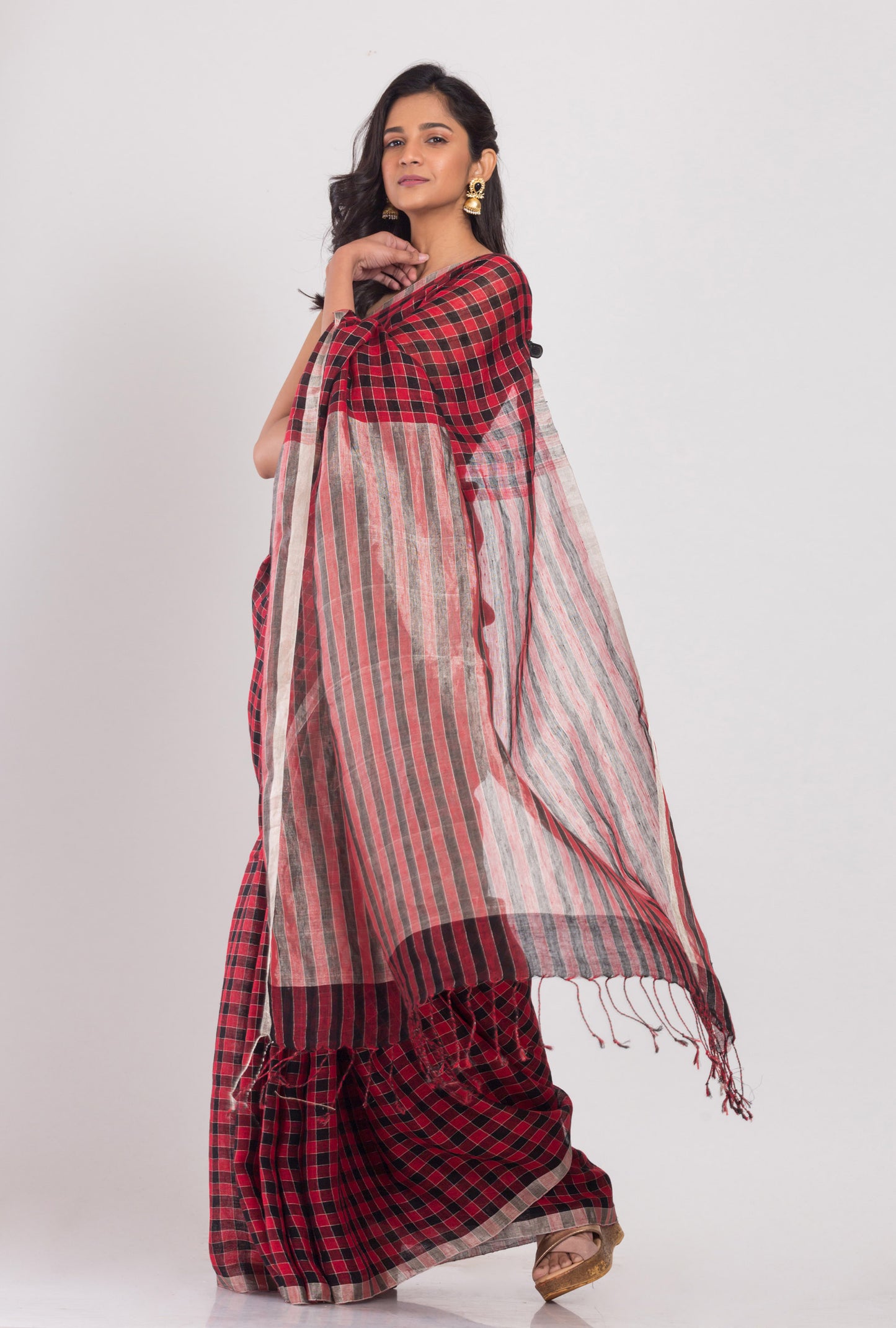 Red Black Stripes Linen Saree