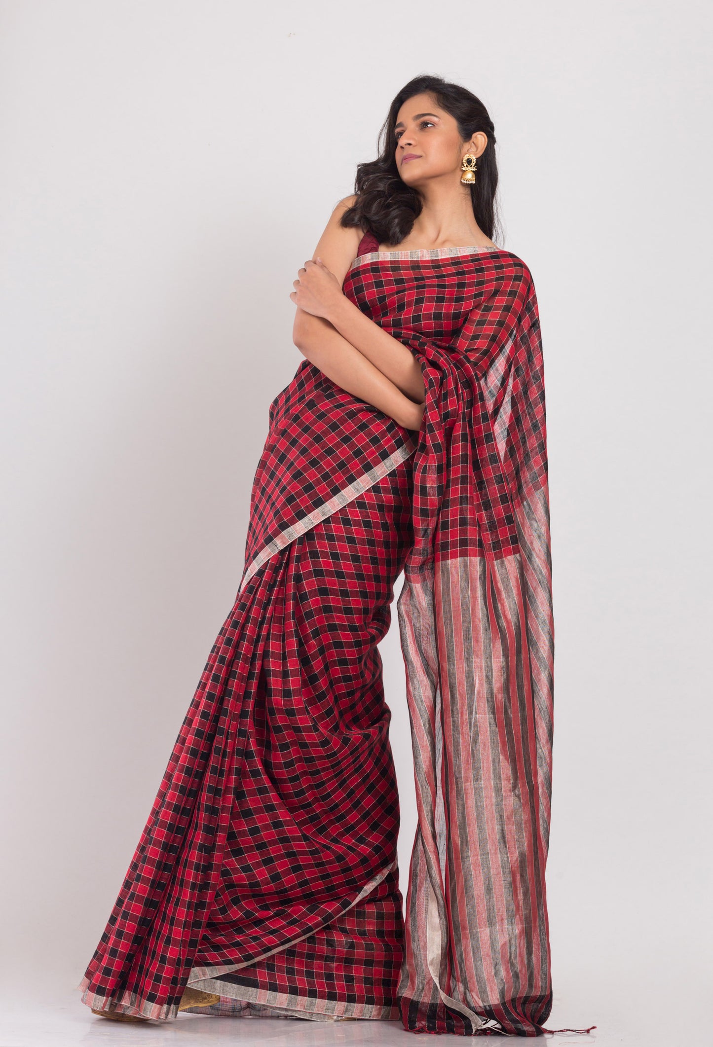 Red Black Stripes Linen Saree