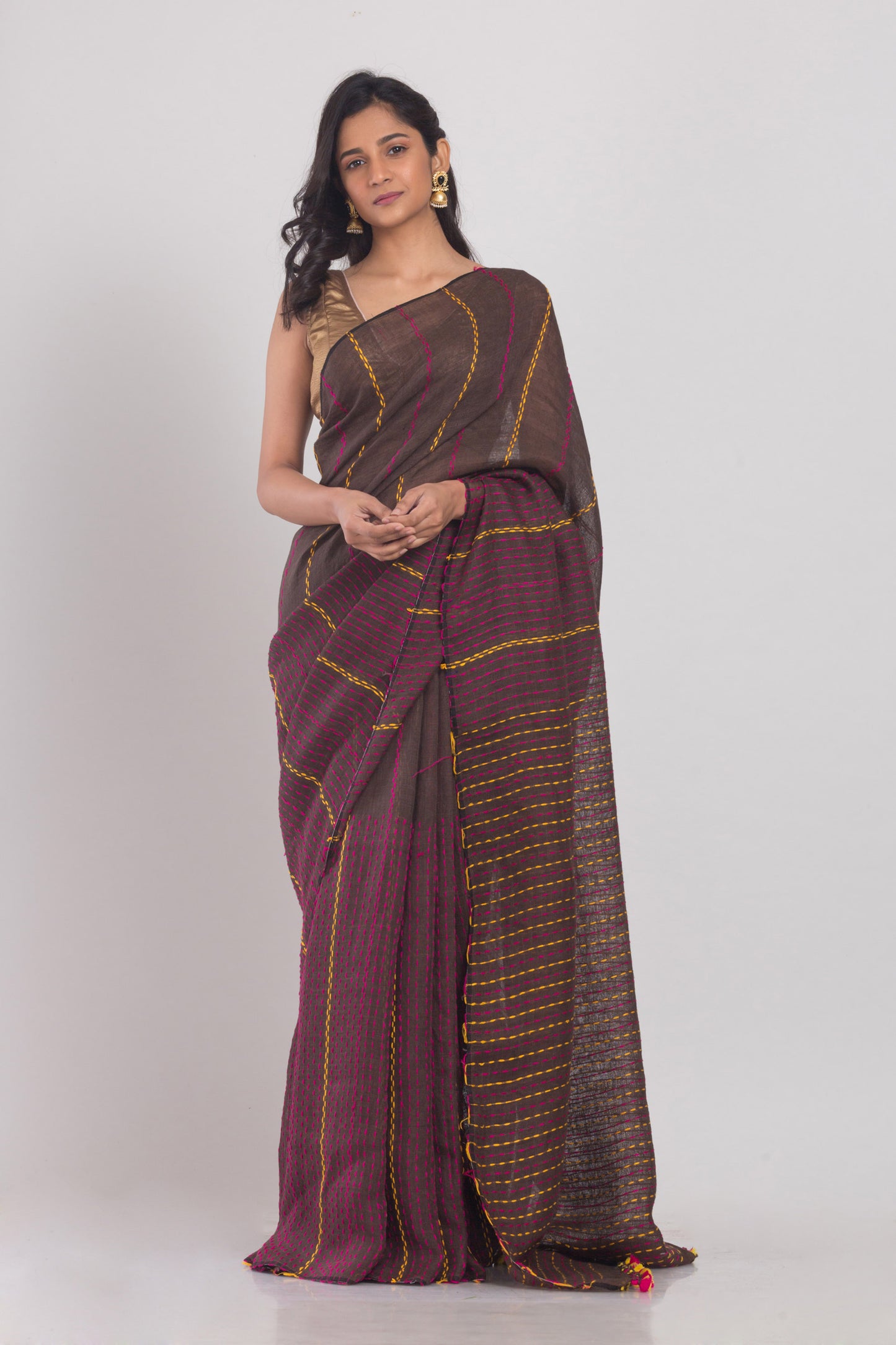 Dark Brown Handwoven Linen Saree