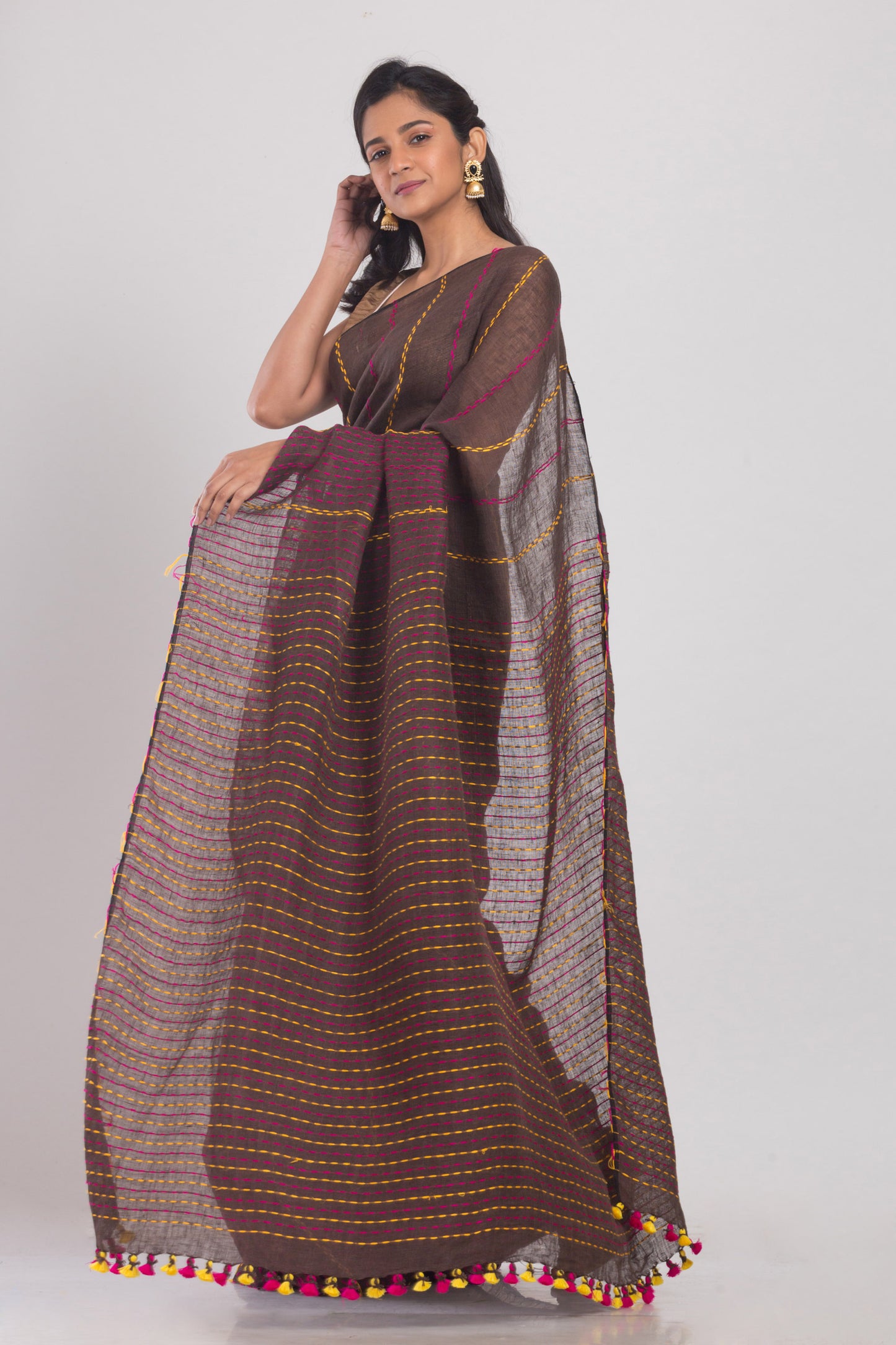 Dark Brown Handwoven Linen Saree