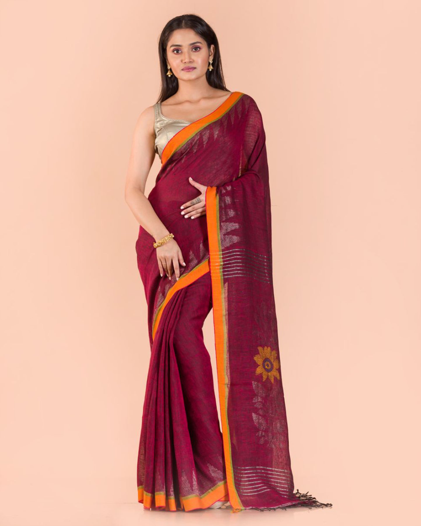 Maroon Handwoven Linen Saree