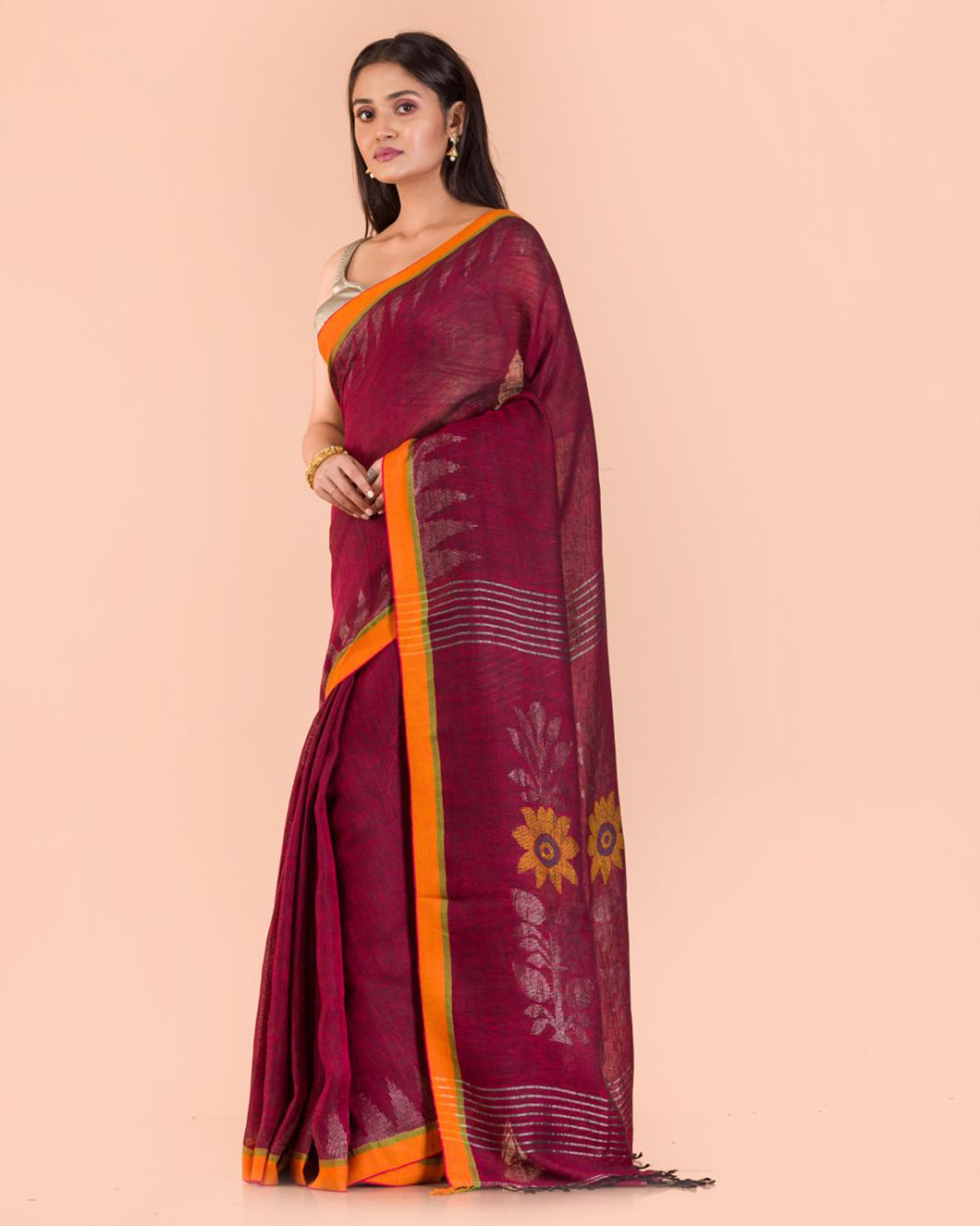 Maroon Handwoven Linen Saree