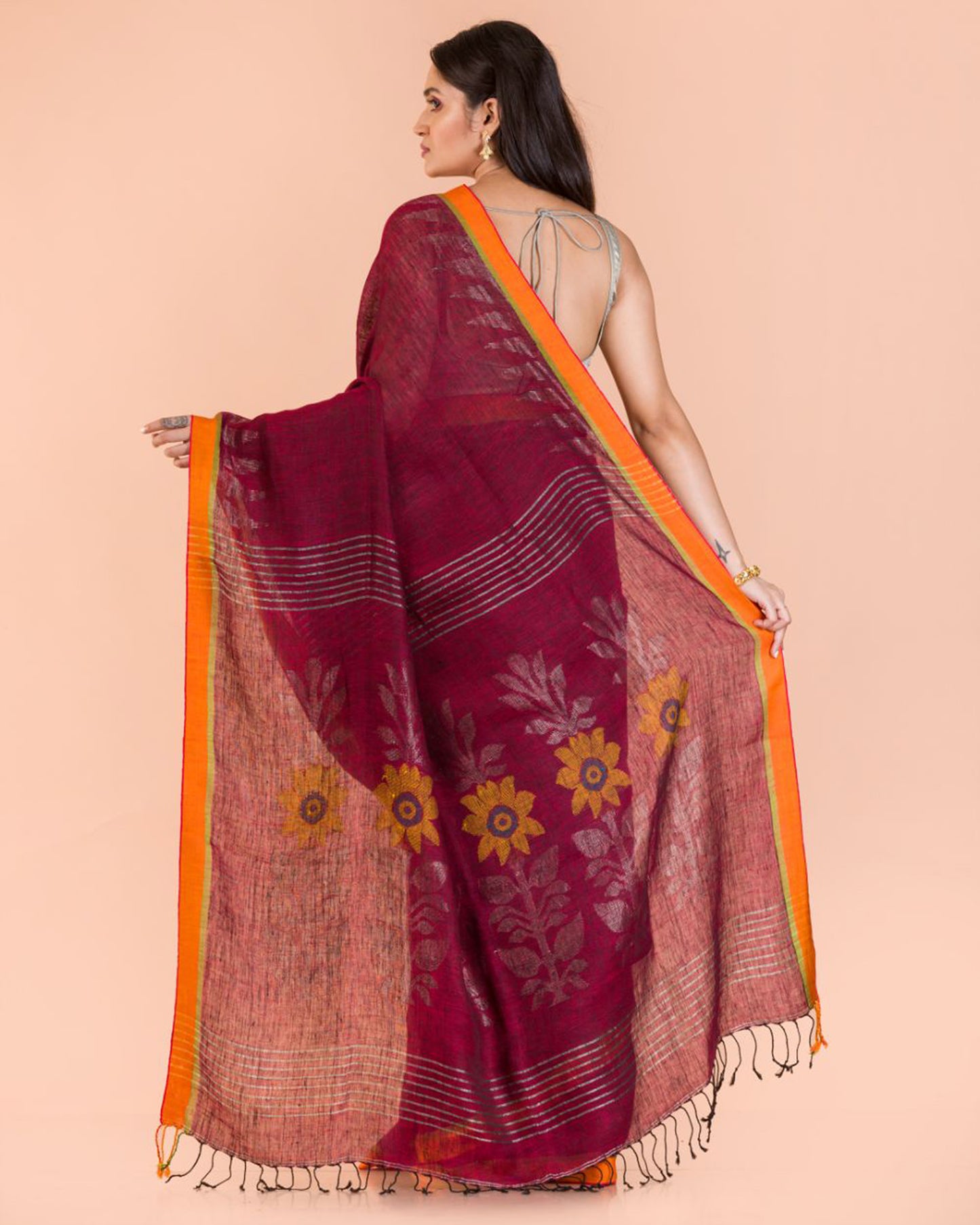 Maroon Handwoven Linen Saree