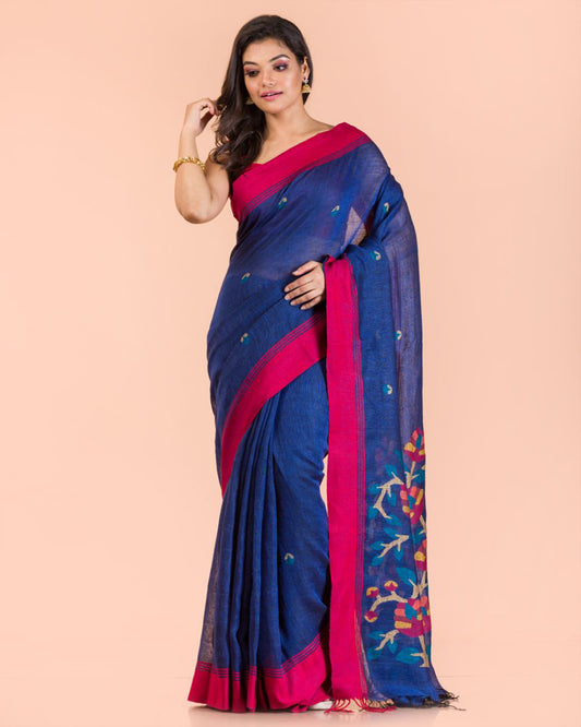 Blue Linen Handloom Jamdani Saree