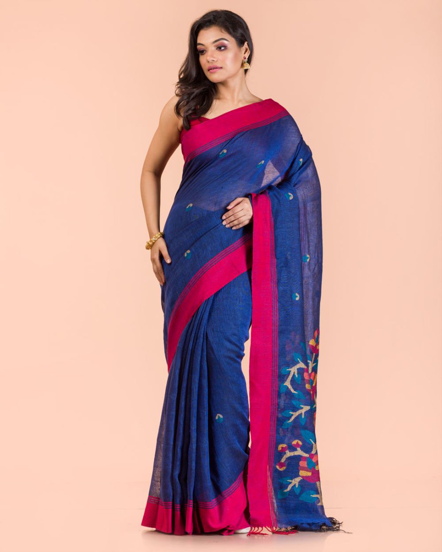 Blue Linen Handloom Jamdani Saree