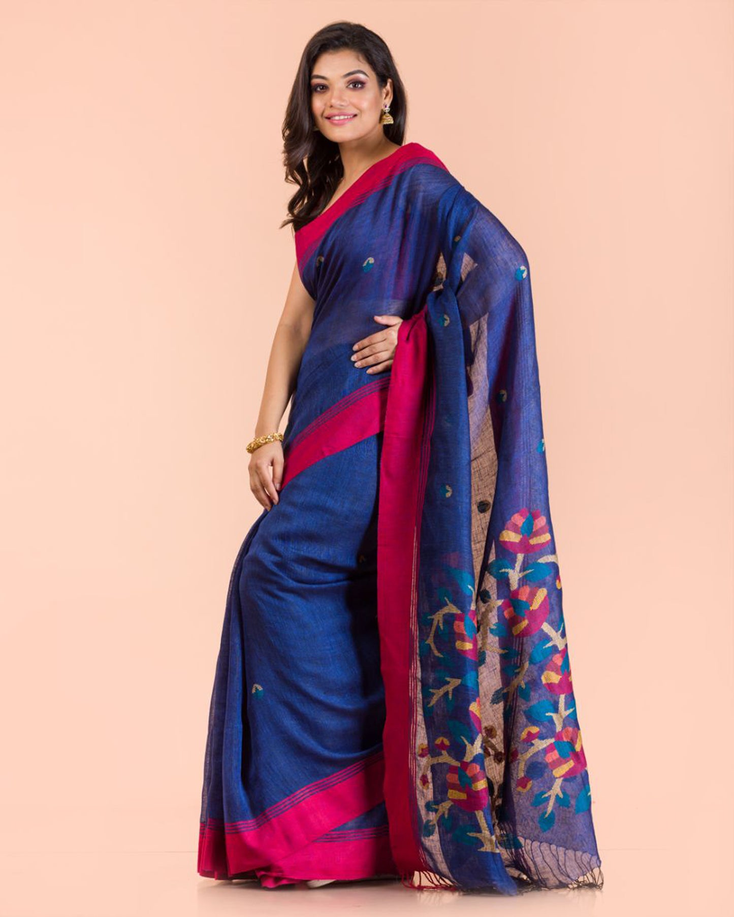 Blue Linen Handloom Jamdani Saree