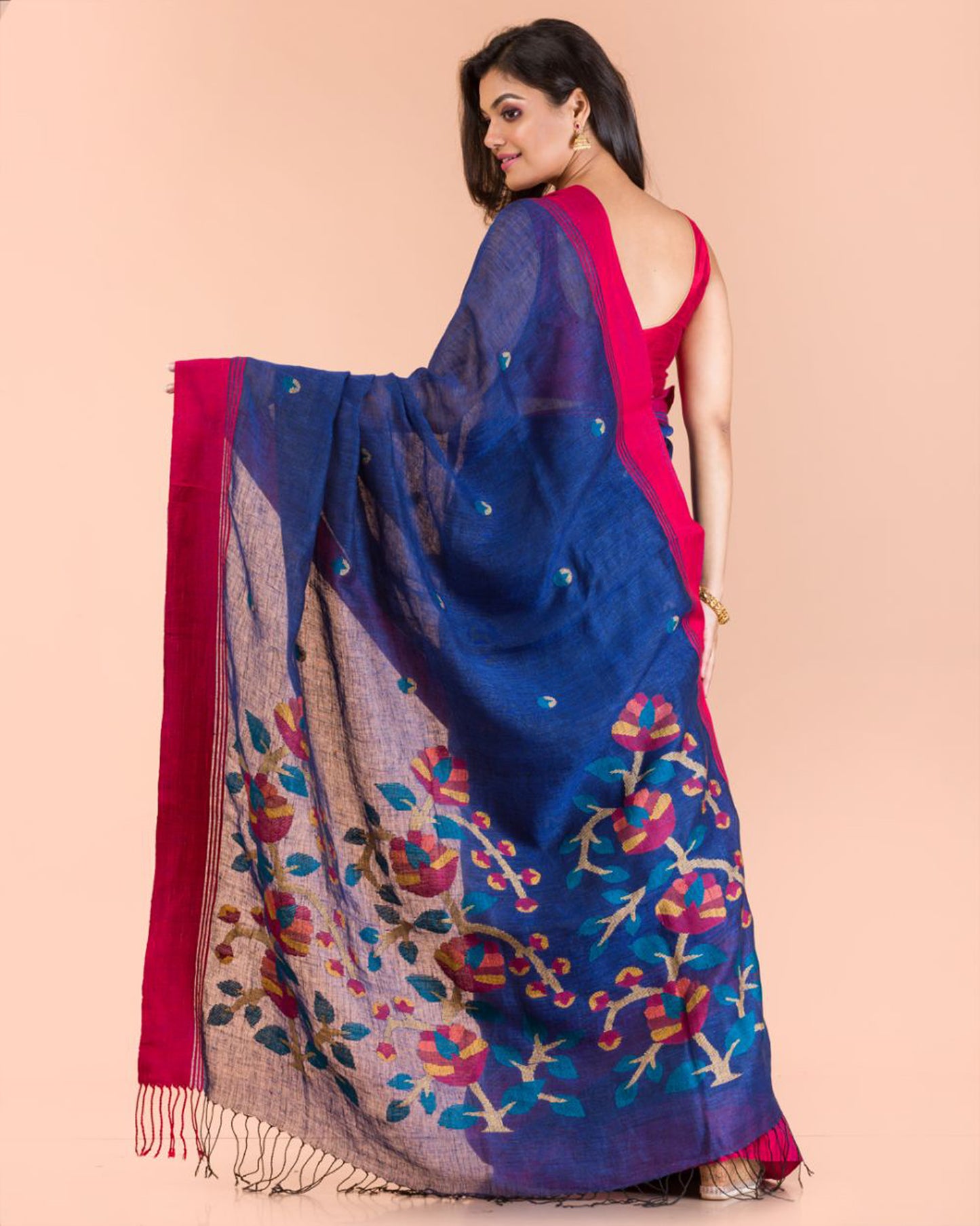 Blue Linen Handloom Jamdani Saree