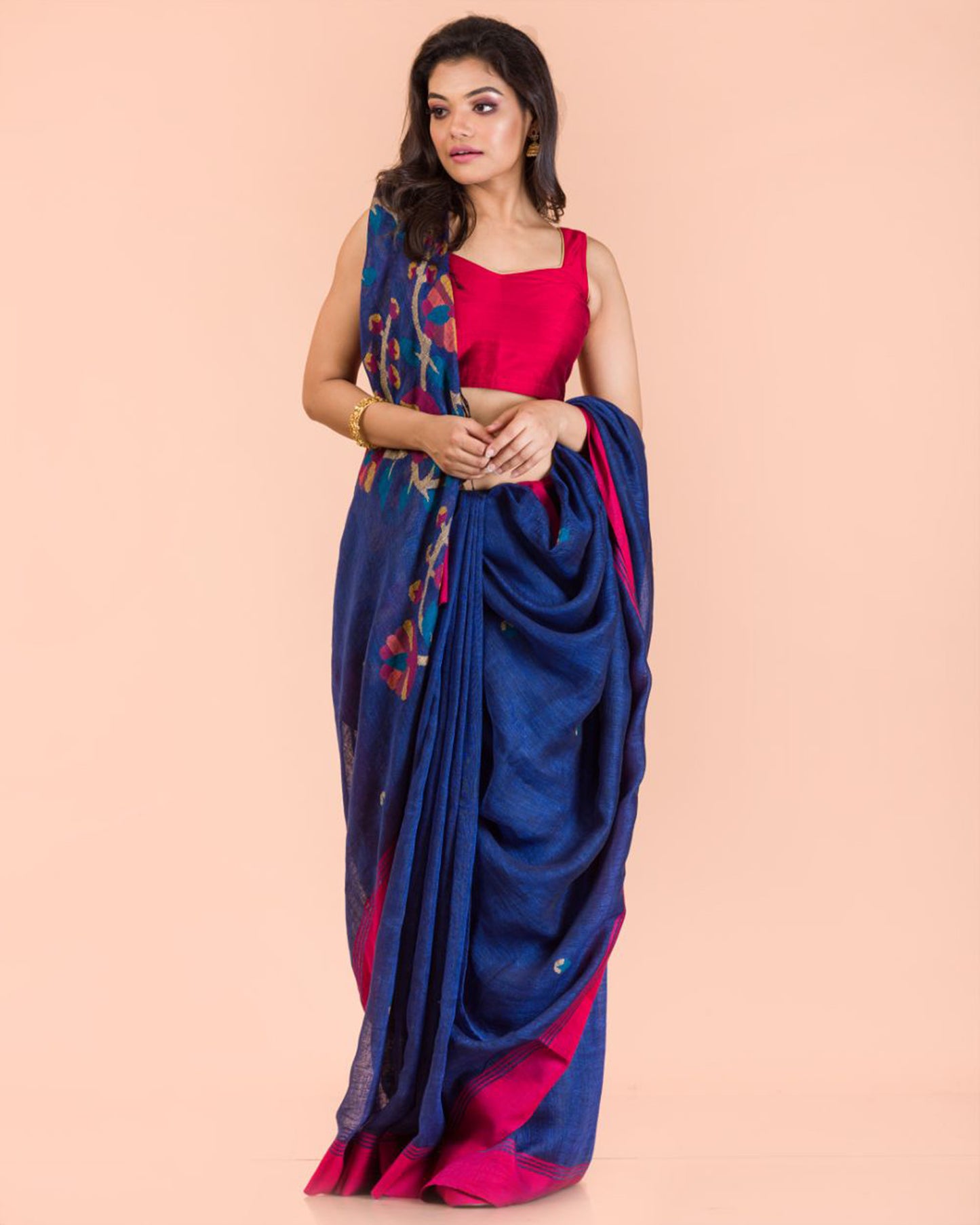 Blue Linen Handloom Jamdani Saree