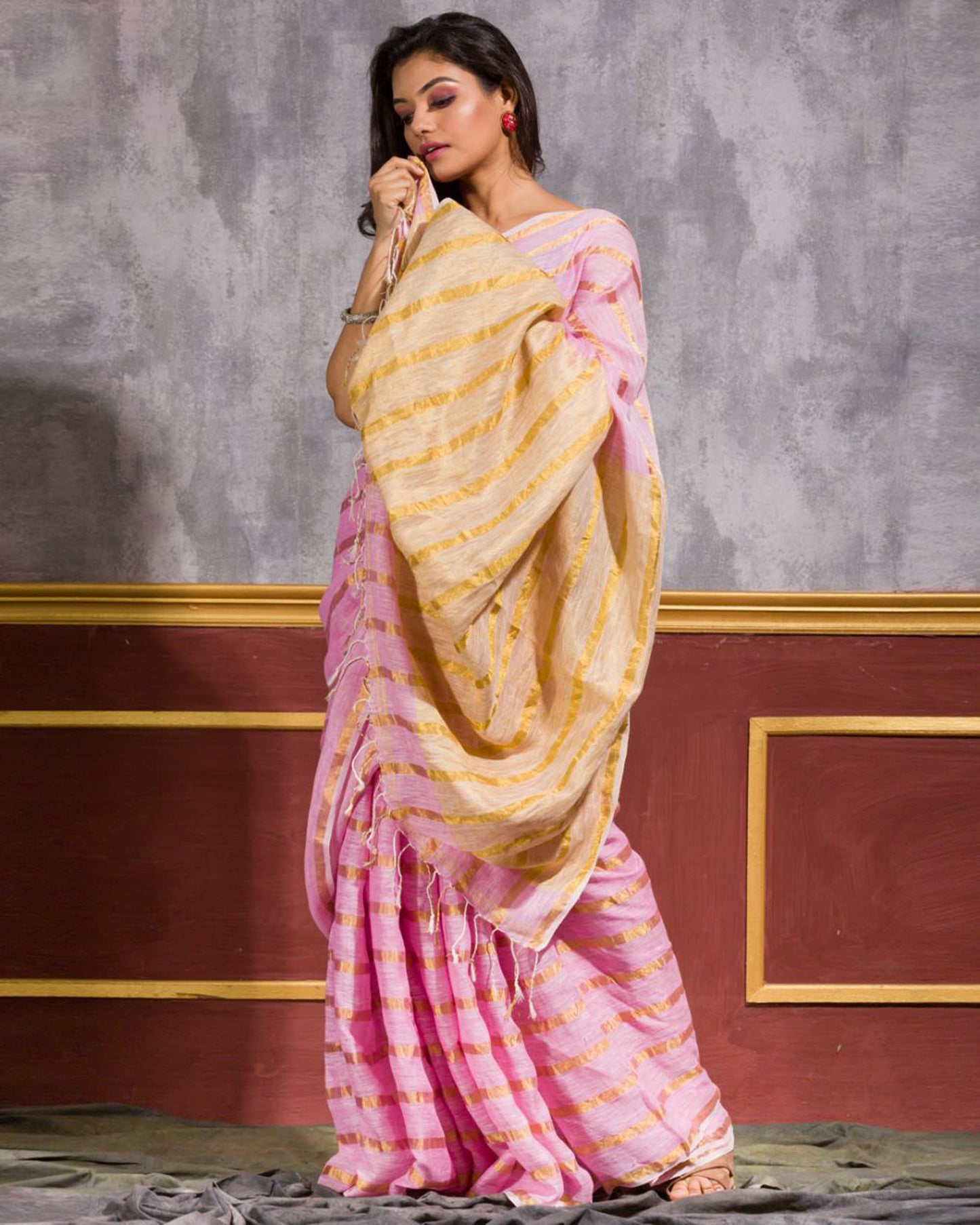 Pink Handwoven Linen Saree