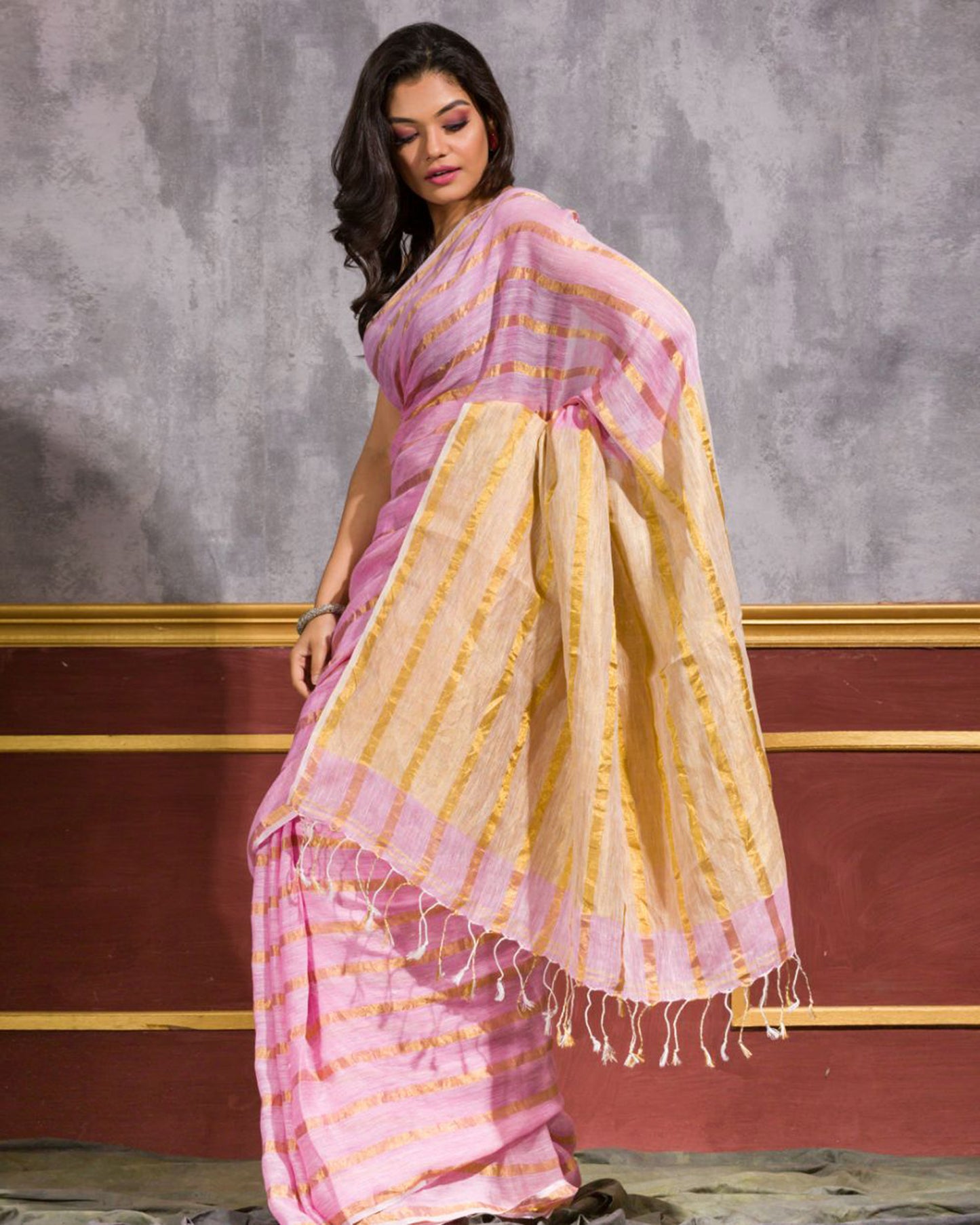 Pink Handwoven Linen Saree