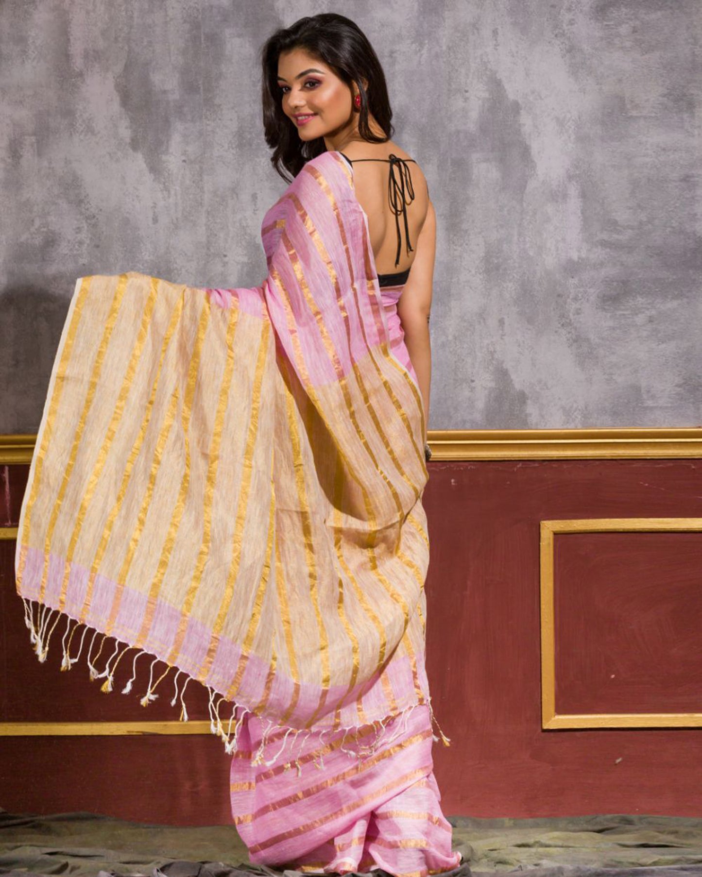 Pink Handwoven Linen Saree