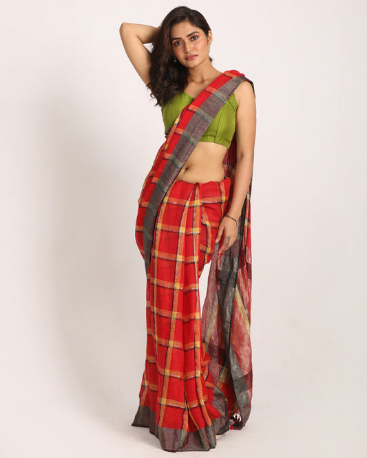 Red Handloom Check Linen Saree