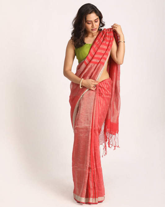 Pastel Red Traditional Handloom Check Linen Saree