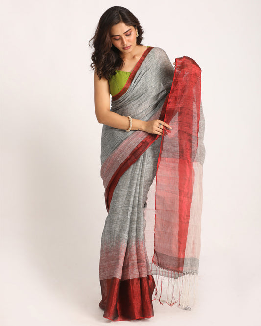 Design Zari Border Grey Handloom Traditional Linen Saree