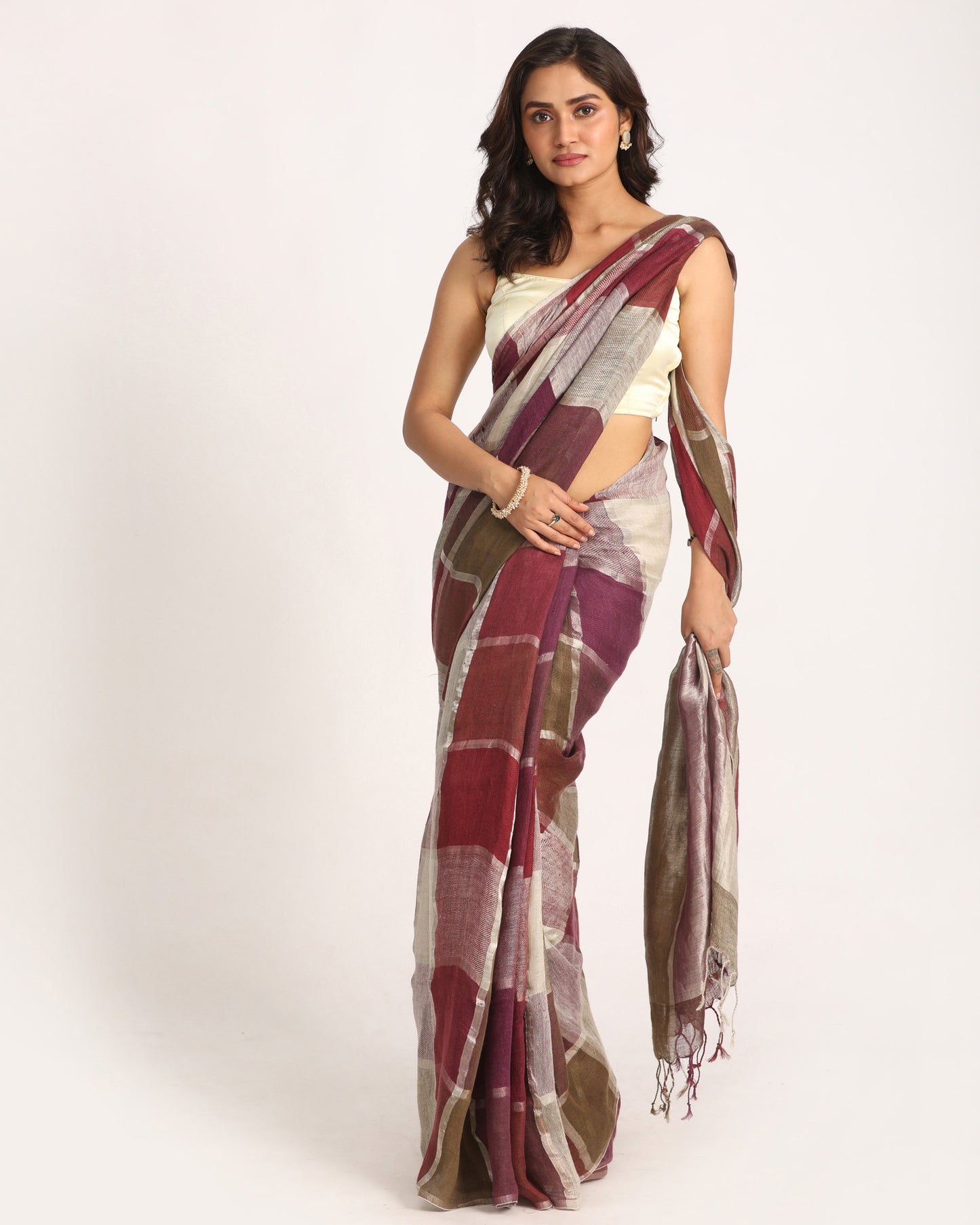 Multicolour Traditional Handloom Check Linen Saree