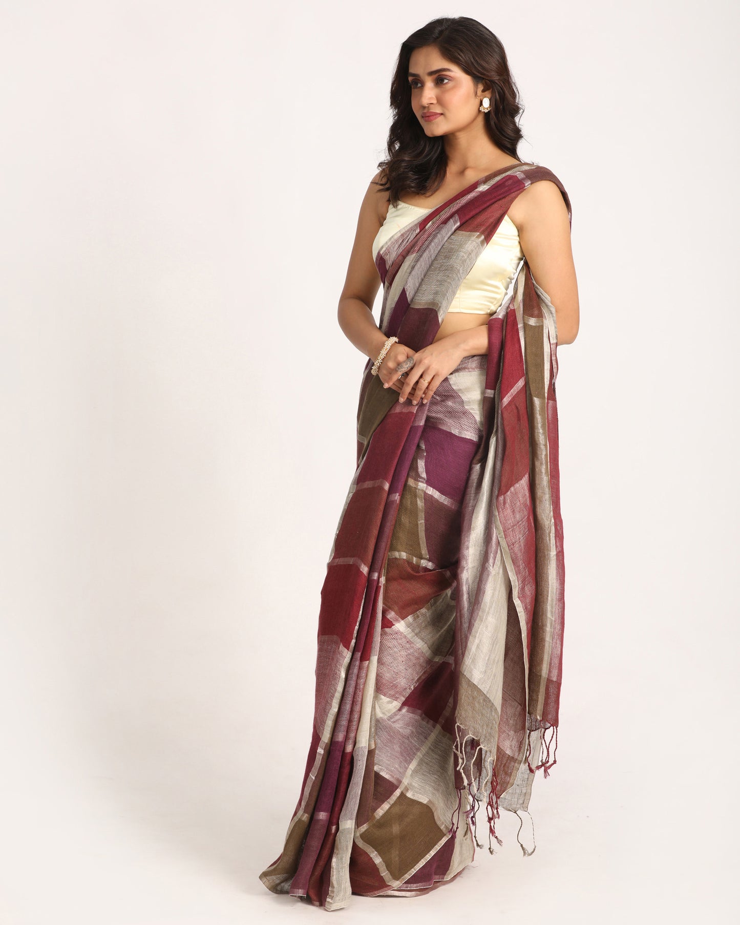 Multicolour Traditional Handloom Check Linen Saree