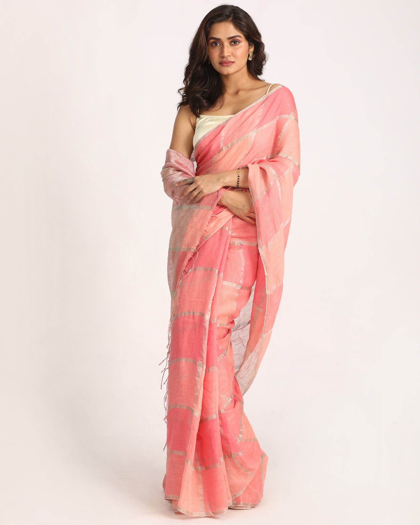 Pastel Pink Traditional Handloom Check Linen Saree