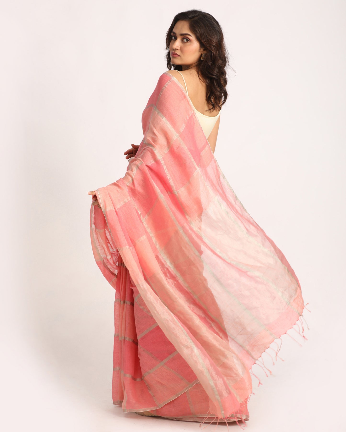 Pastel Pink Traditional Handloom Check Linen Saree