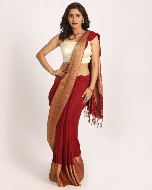 Maroon Traditional Handloom Linen Saree