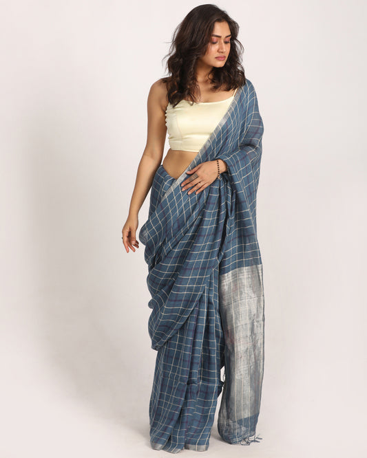 Steel Blue Traditional Handloom Check Linen Saree