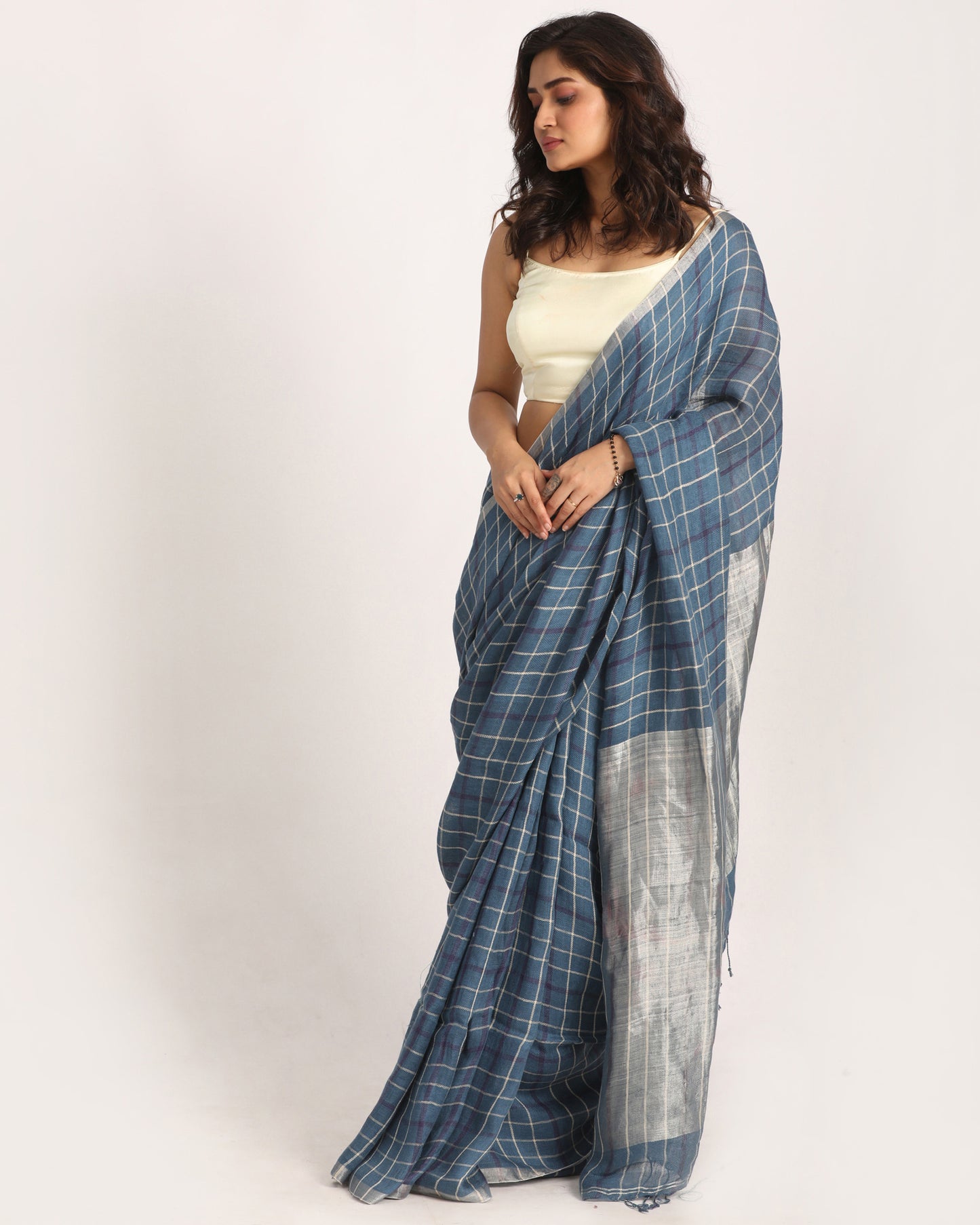 Steel Blue Traditional Handloom Check Linen Saree