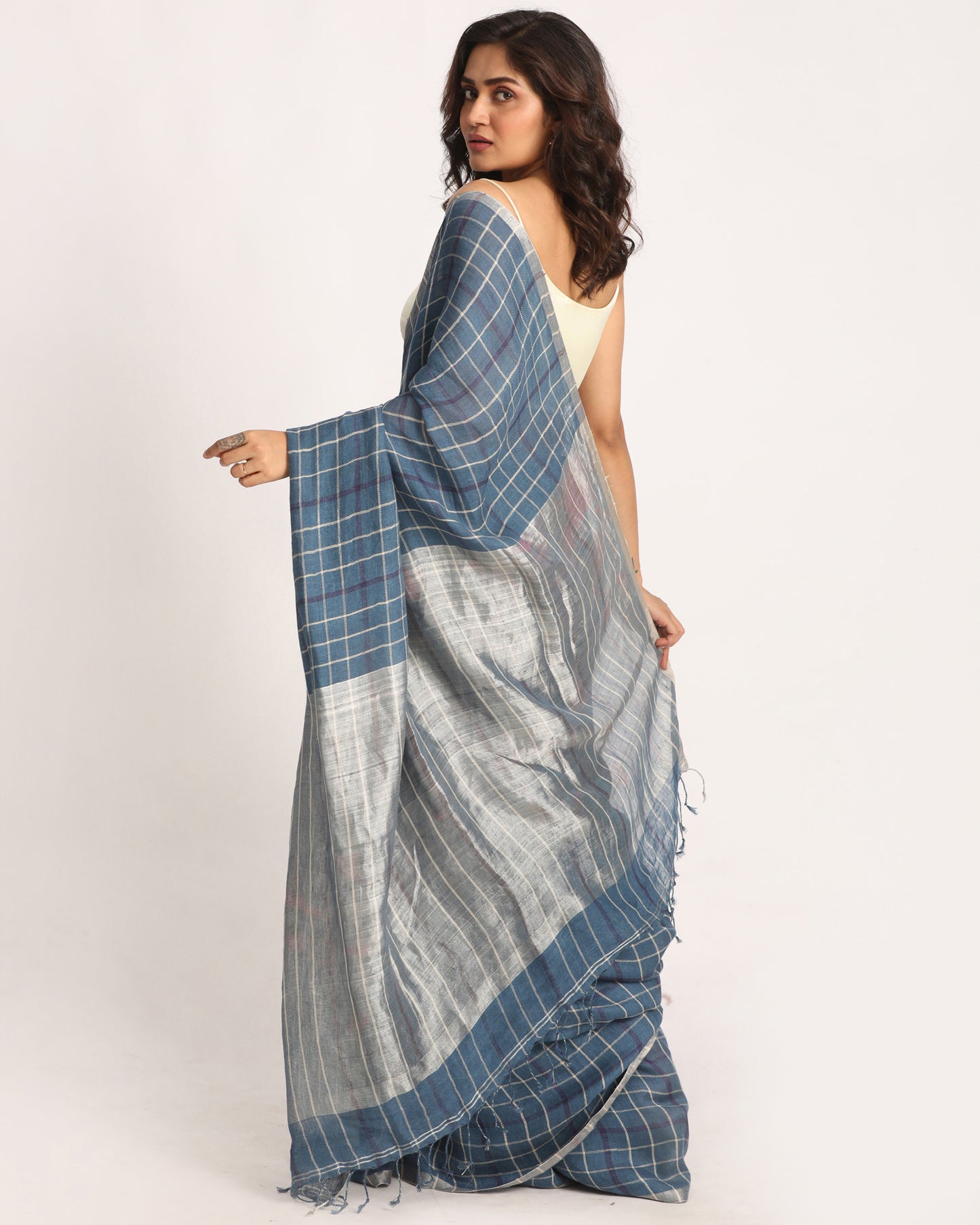 Steel Blue Traditional Handloom Check Linen Saree